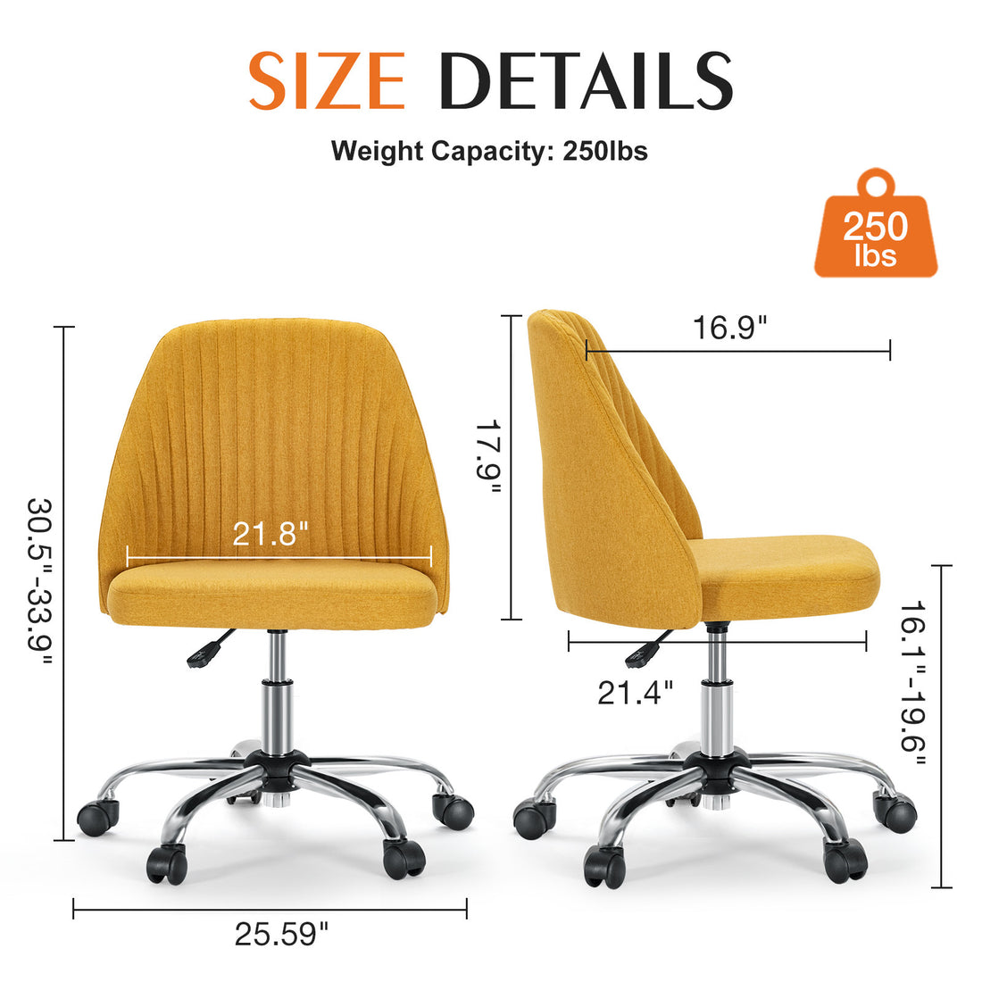 Sweetcrispy Armless Home Office Desk Chair With Wheels Adjustable Swivel Task Computer Vanity Chair For Small Spaces Yellow Fabric