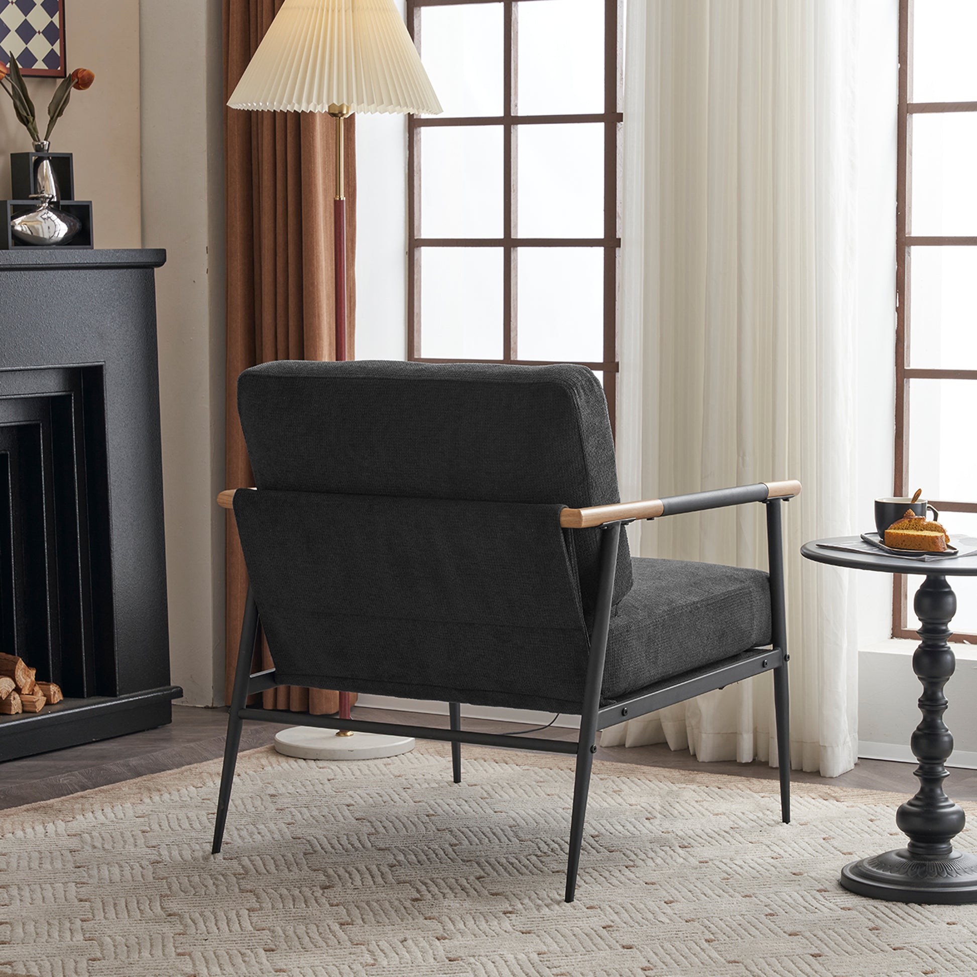 Leisure Lounge Chair Arm Chair With Metal Frame, Upholstered Side Chair Comfy Sitting Chair For Living Room, Black Chenille Black Chenille