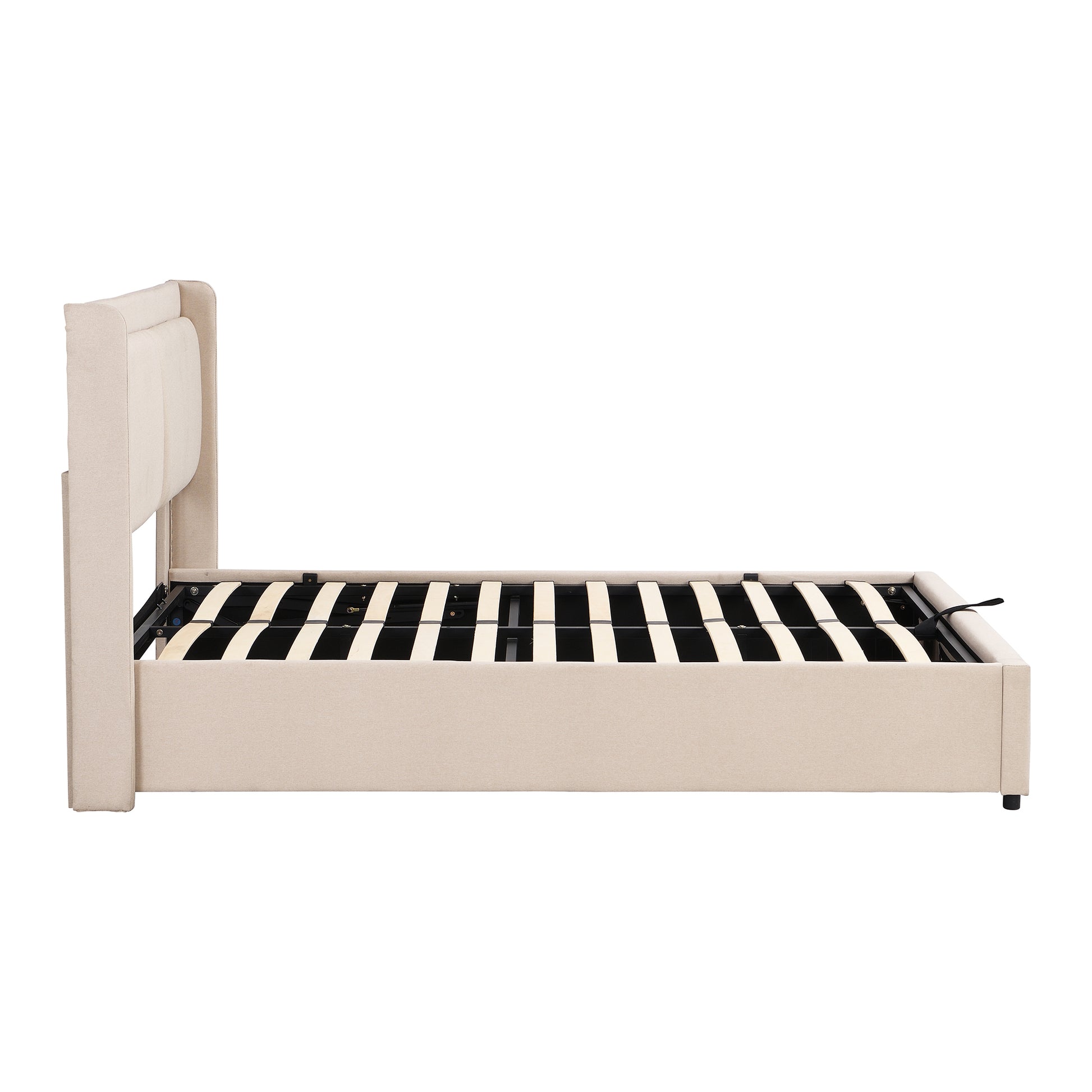 Queen Size Storage Upholstered Hydraulic Platform Bed With 2 Drawers, Beige Box Spring Not Required Queen Beige Metal Bedroom Bed Frame Linen Upholstered