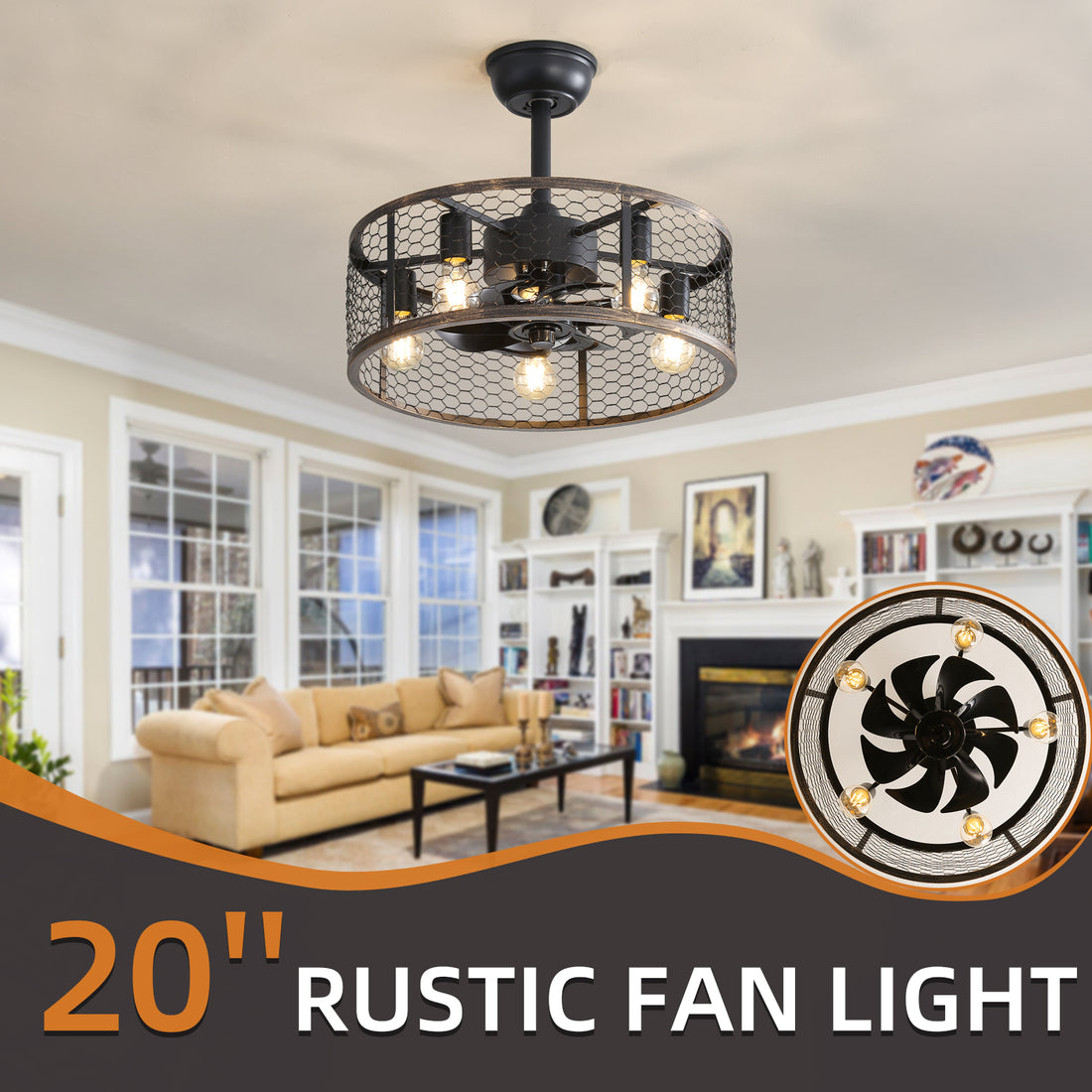 19.7In Classic Ceiling Fan With Light Note:No On Bulbs Black Gray Rustic Iron