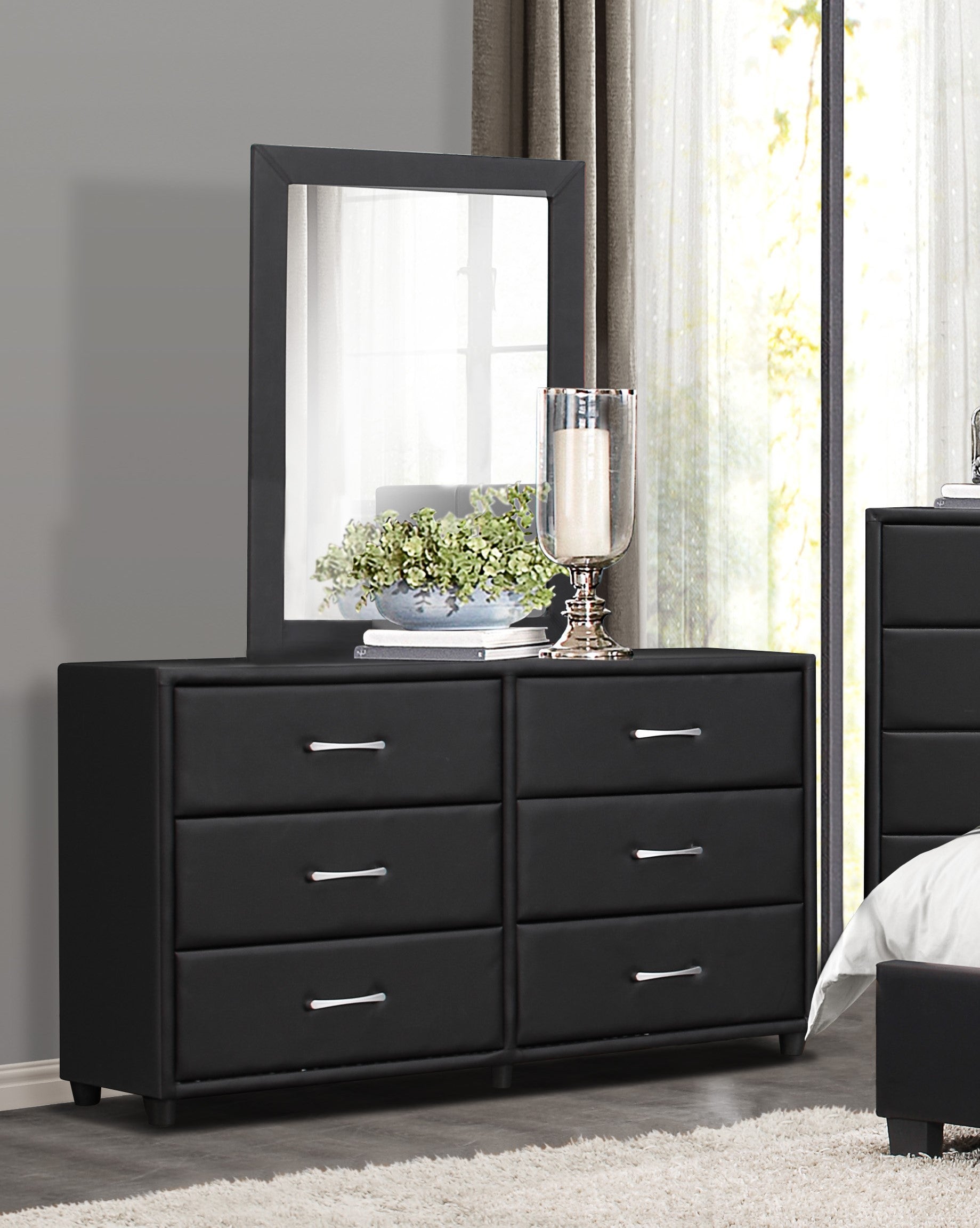 Contemporary Design Black Dresser 1Pc 6X Drawers Faux Leather Upholstery Plywood Engineered Wood Black Bedroom Contemporary,Modern Wood