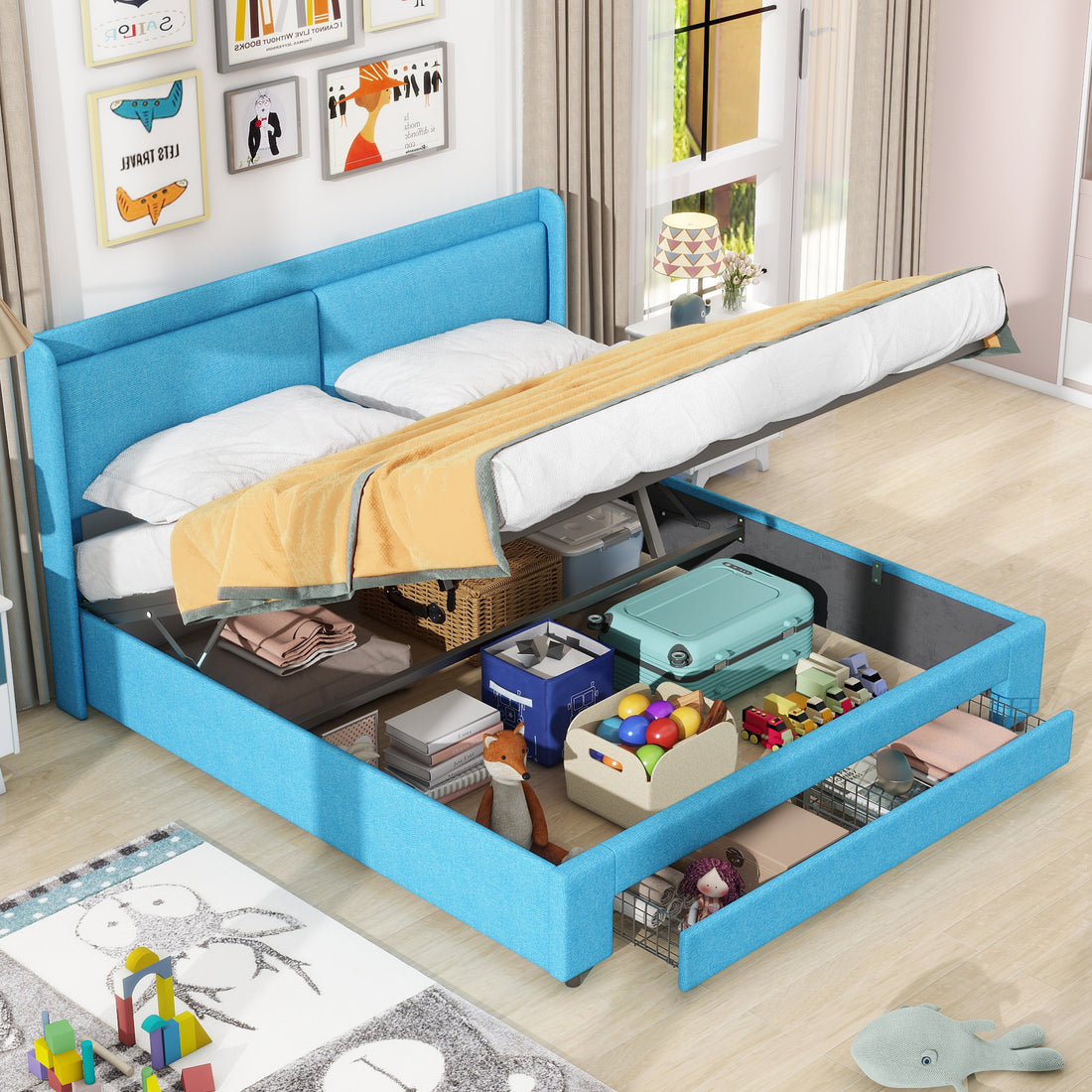 Queen Size Storage Upholstered Hydraulic Platform Bed With 2 Drawers, Blue Box Spring Not Required Queen Blue Metal Bedroom Bed Frame Linen Upholstered