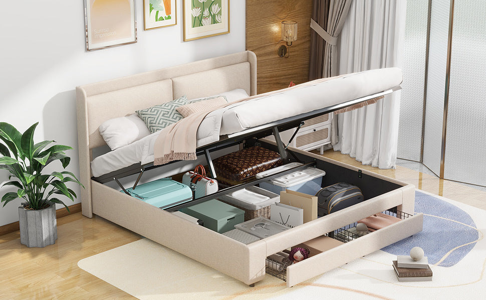 Queen Size Storage Upholstered Hydraulic Platform Bed With 2 Drawers, Beige Box Spring Not Required Queen Beige Metal Bedroom Bed Frame Linen Upholstered