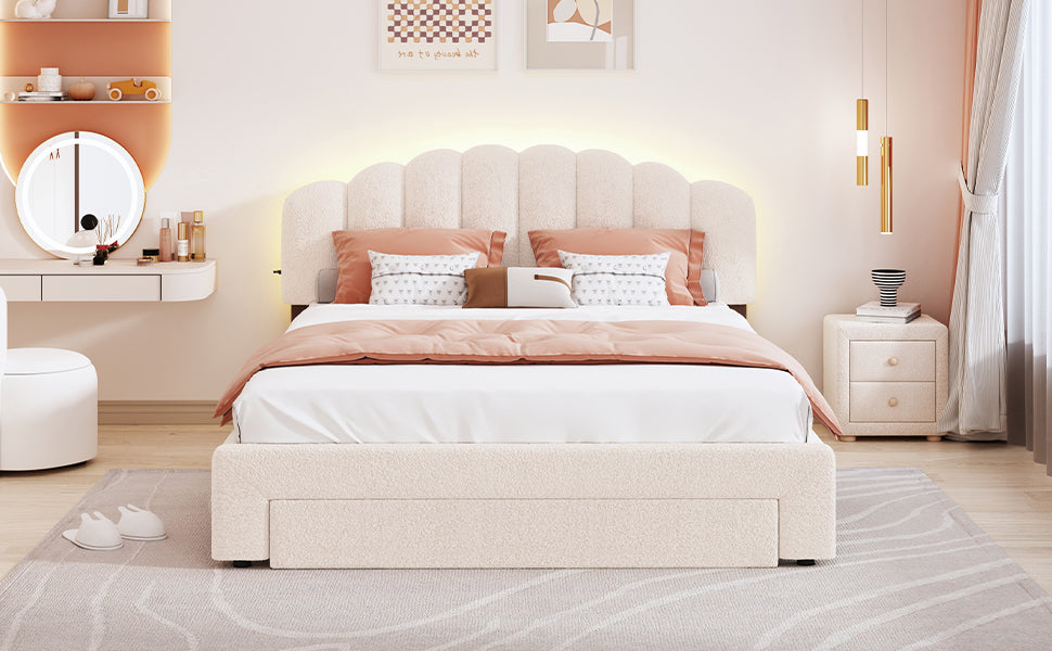 Teddy Fleece Queen Size Upholstered Platform Bed With 1 Nightstand, Beige Beige Fleece