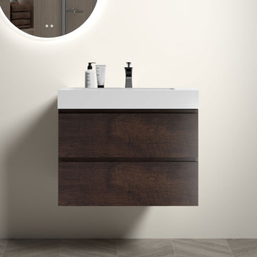 Alice 30" Walnut Bathroom Vanity With Sink, Large Storage Wall Mounted Floating Bathroom Vanity For Modern Bathroom, One Piece White Sink Basin Without Drain And Faucet, Pre Assembled White Walnut Melamine