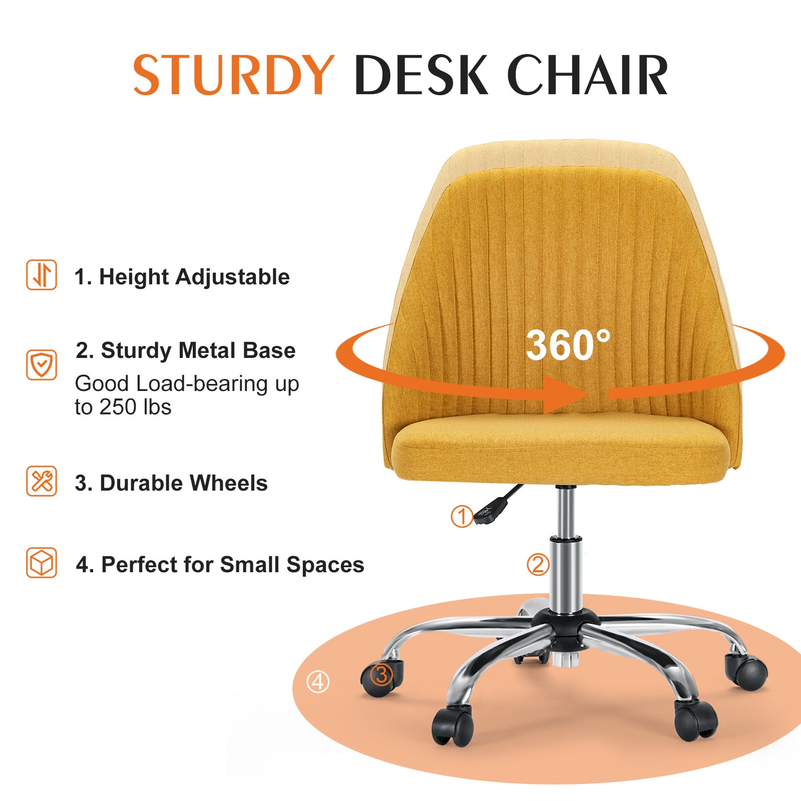 Sweetcrispy Armless Home Office Desk Chair With Wheels Adjustable Swivel Task Computer Vanity Chair For Small Spaces Yellow Fabric