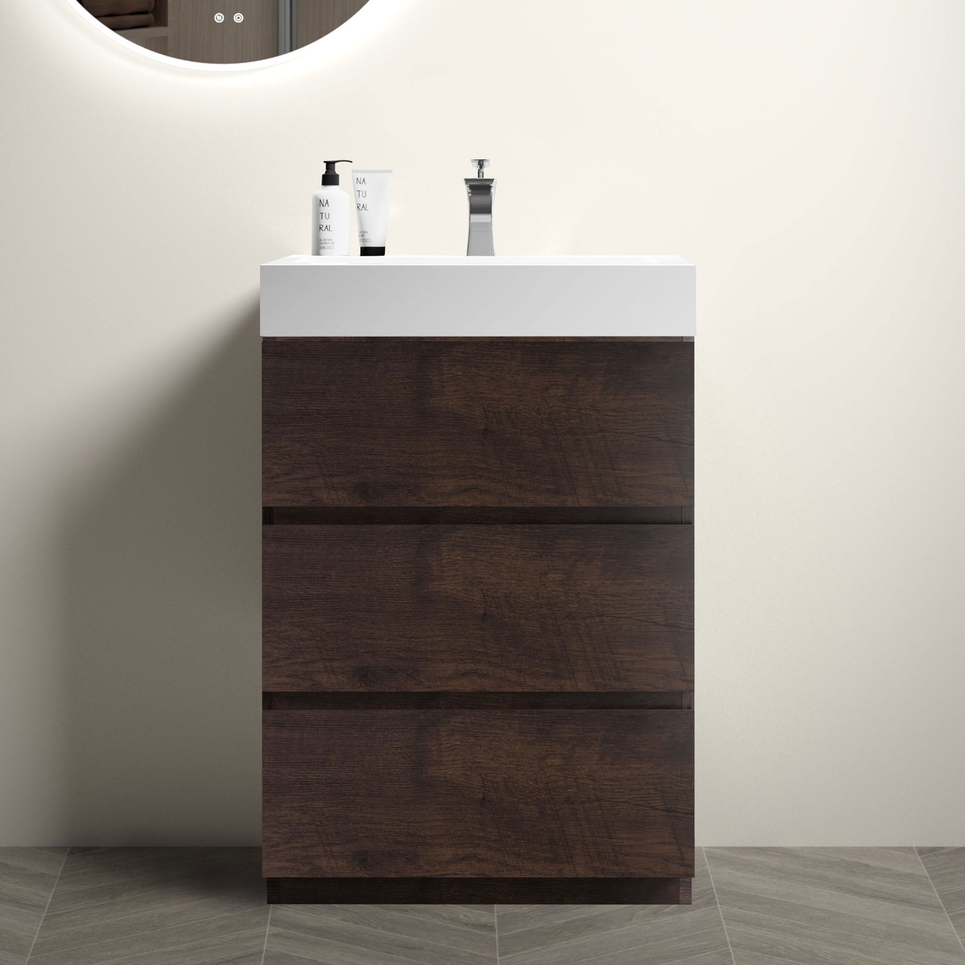 Alice 24" Walnut Bathroom Vanity With Sink, Large Storage Freestanding Bathroom Vanity For Modern Bathroom, One Piece White Sink Basin Without Drain And Faucet, Pre Assembled White Walnut Melamine