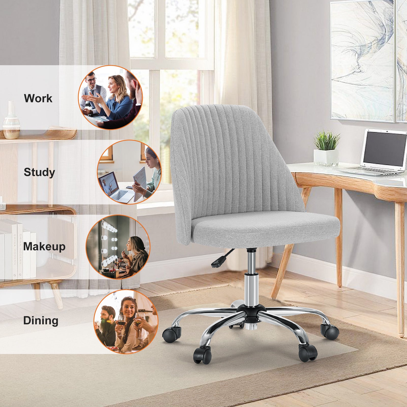 Sweetcrispy Armless Home Office Desk Chair With Wheels Adjustable Swivel Task Computer Vanity Chair For Small Spaces Gray Fabric