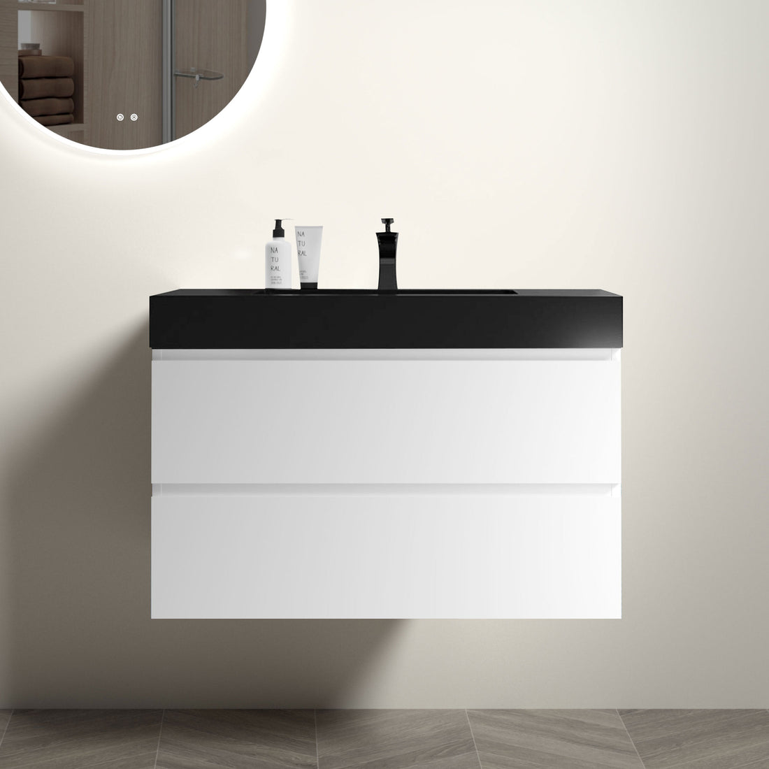 Alice 36" White Bathroom Vanity With Sink, Large Storage Wall Mounted Floating Bathroom Vanity For Modern Bathroom, One Piece Black Sink Basin Without Drain And Faucet, Pre Assembled White Black