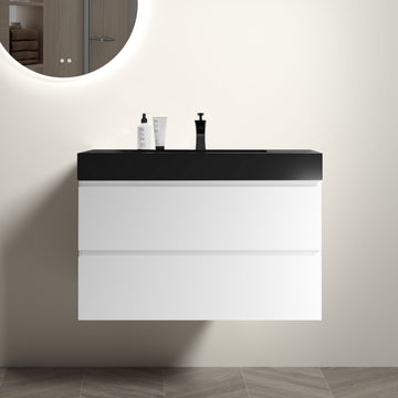 Alice 36" White Bathroom Vanity With Sink, Large Storage Wall Mounted Floating Bathroom Vanity For Modern Bathroom, One Piece Black Sink Basin Without Drain And Faucet, Pre Assembled White Black