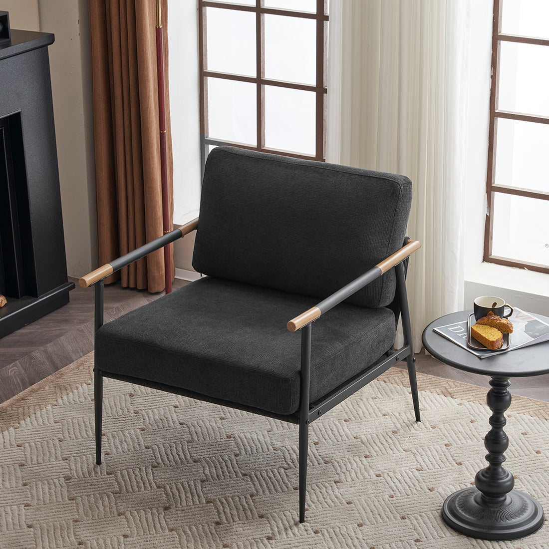 Leisure Lounge Chair Arm Chair With Metal Frame, Upholstered Side Chair Comfy Sitting Chair For Living Room, Black Chenille Black Chenille