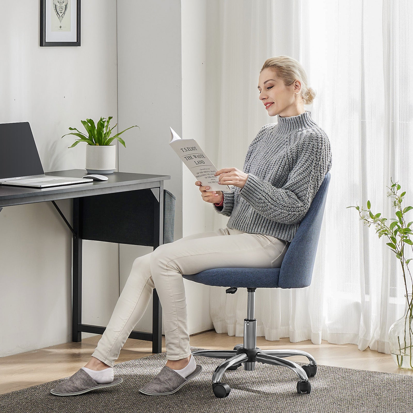 Sweetcrispy Armless Home Office Desk Chair With Wheels Adjustable Swivel Task Computer Vanity Chair For Small Spaces Blue Fabric