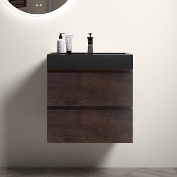 Alice 24" Walnut Bathroom Vanity With Sink, Large Storage Wall Mounted Floating Bathroom Vanity For Modern Bathroom, One Piece Black Sink Basin Without Drain And Faucet, Pre Assembled Walnut Black Melamine