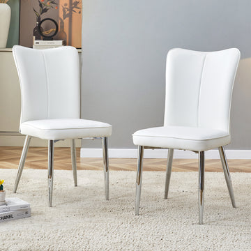Modern Minimalist Dining Chairs, Office Chairs. 2 Piece Set Of White Pu Seats With Silver Metal Legs. Suitable For Restaurants, Living Rooms, And Offices. C 008 White Pu