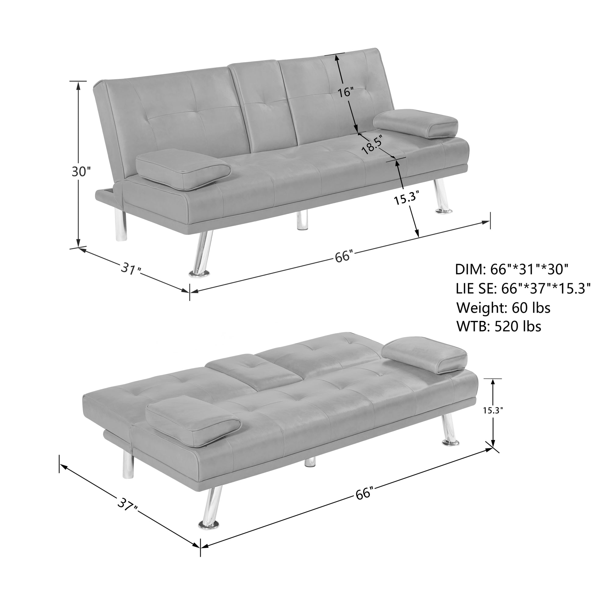 Black Foldable Sofa Bed With Cup Holder Black Faux Leather Wood Primary Living Space Medium Firm Heavy Duty Foam Faux Leather 3 Seat