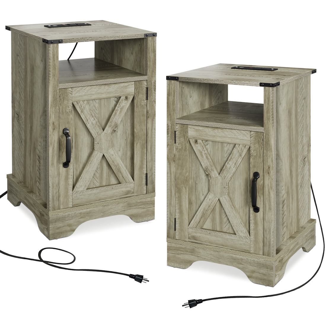 Farmhouse Nightstand Side Table, Wooden Rustic End Table, Tall Bedside Table With Electrical Outlets Charging Station 2 Sets Light Gray Light Grey Engineered Wood