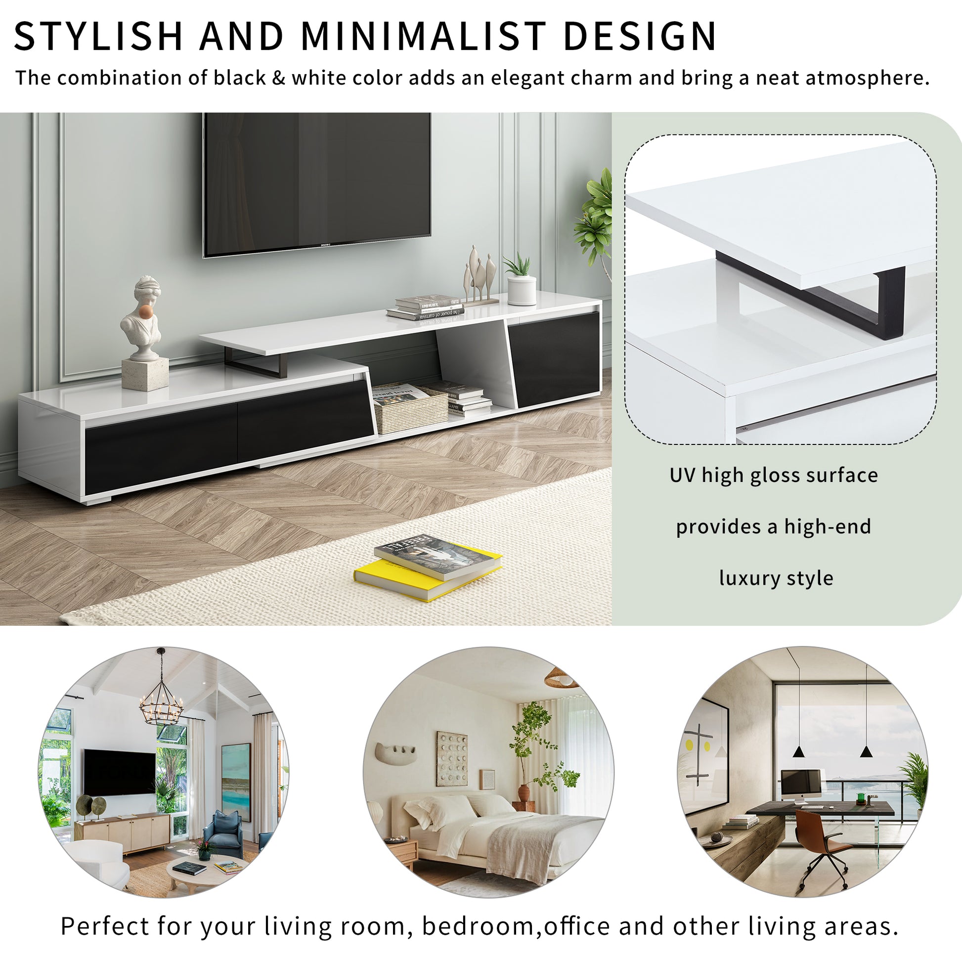 Modern, Minimalist Rectangle Extendable Tv Stand, Tv Cabinet With 2 Drawers And 1 Cabinet For Living Room, Up To 100'' White 90 Inches Or Larger Particle Board