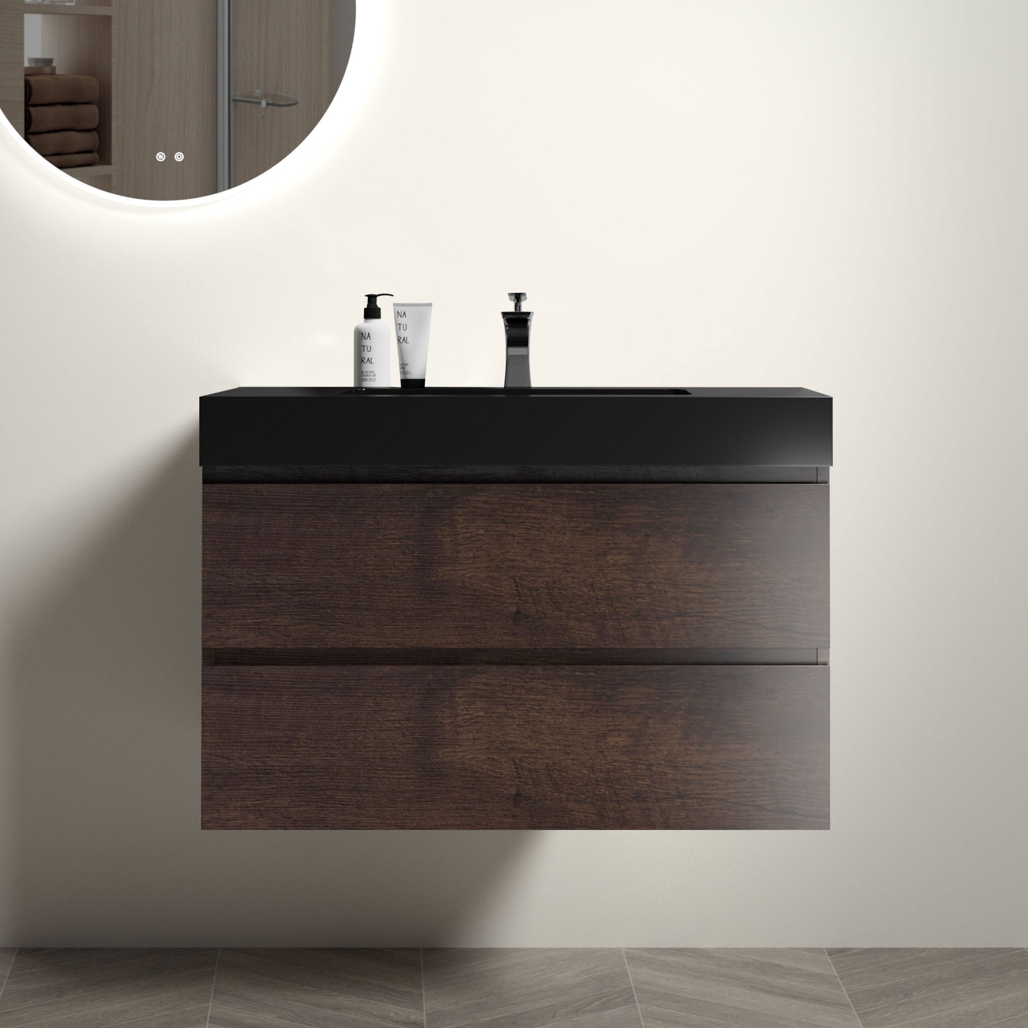 Alice 36" Walnut Bathroom Vanity With Sink, Large Storage Wall Mounted Floating Bathroom Vanity For Modern Bathroom, One Piece Black Sink Basin Without Drain And Faucet, Pre Assembled Walnut Black Melamine