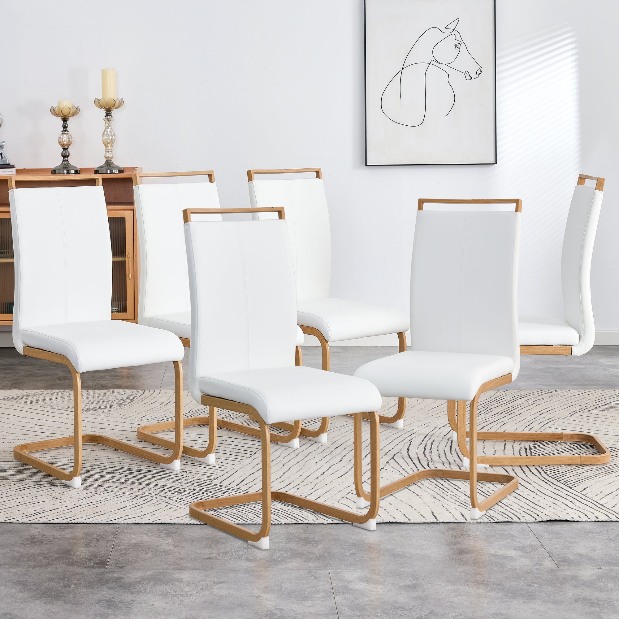 Modern Pu Leather High Back Cushioned Side Chair With Wooden C Tube Chrome Metal Legs, Suitable For Dining, Kitchen, Dressing Table, Terrace, Guest Office Chairs Set Of 6 White Pu 1162 White Pu