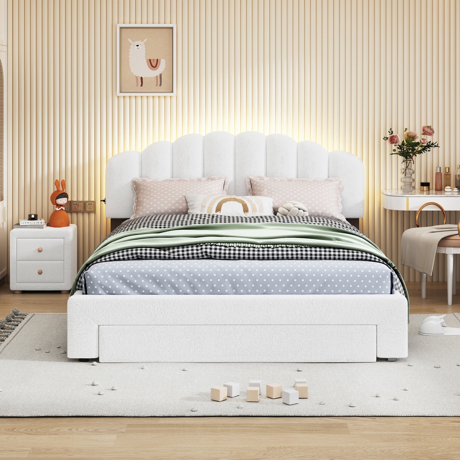 Teddy Fleece Queen Size Upholstered Platform Bed With Nightstand, White White Fleece