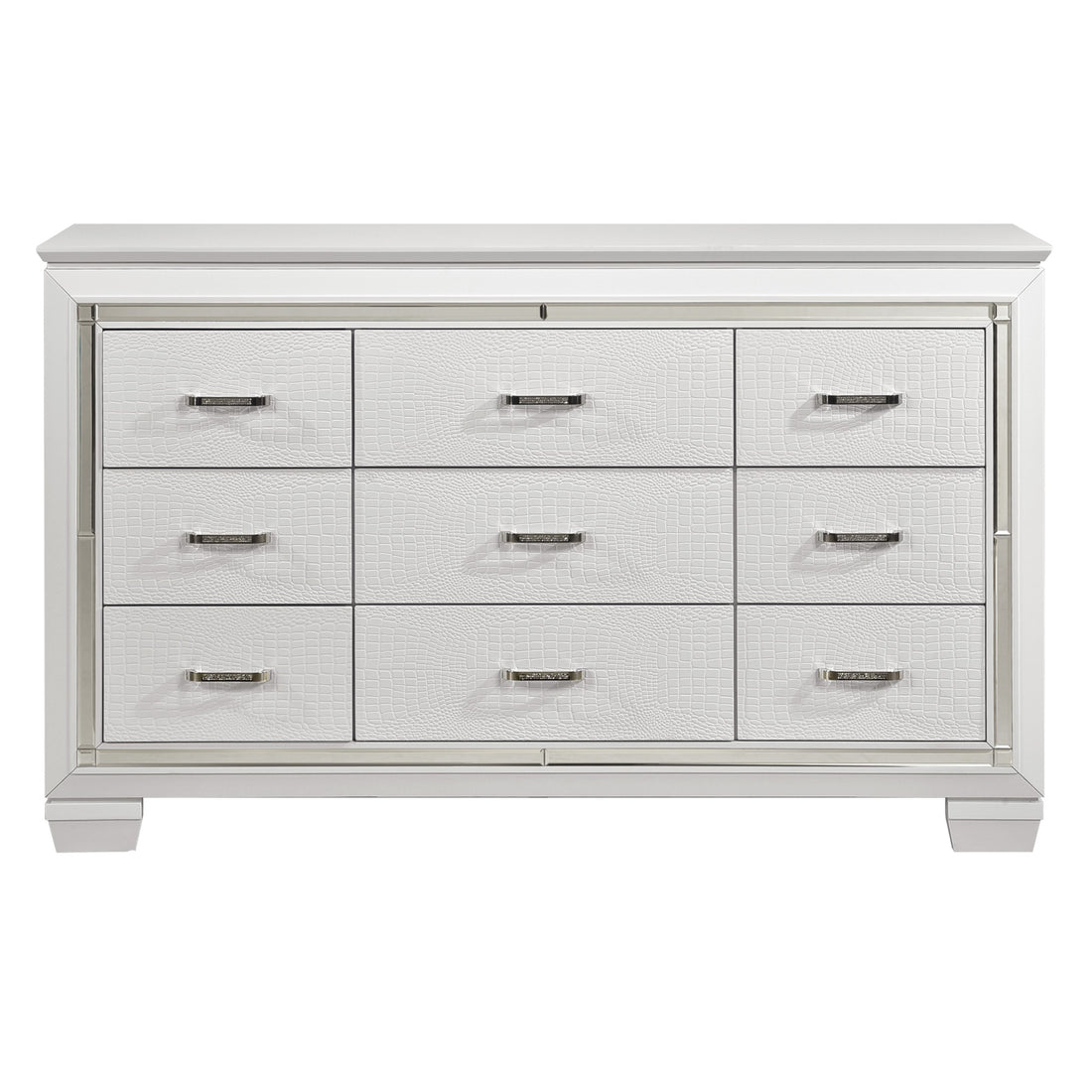 White Finish Dresser Bold Design 9 Drawers Glamorous Faux Alligator Textured Fronts Wooden Bedroom Furniture White Bedroom Contemporary,Glam,Modern Wood