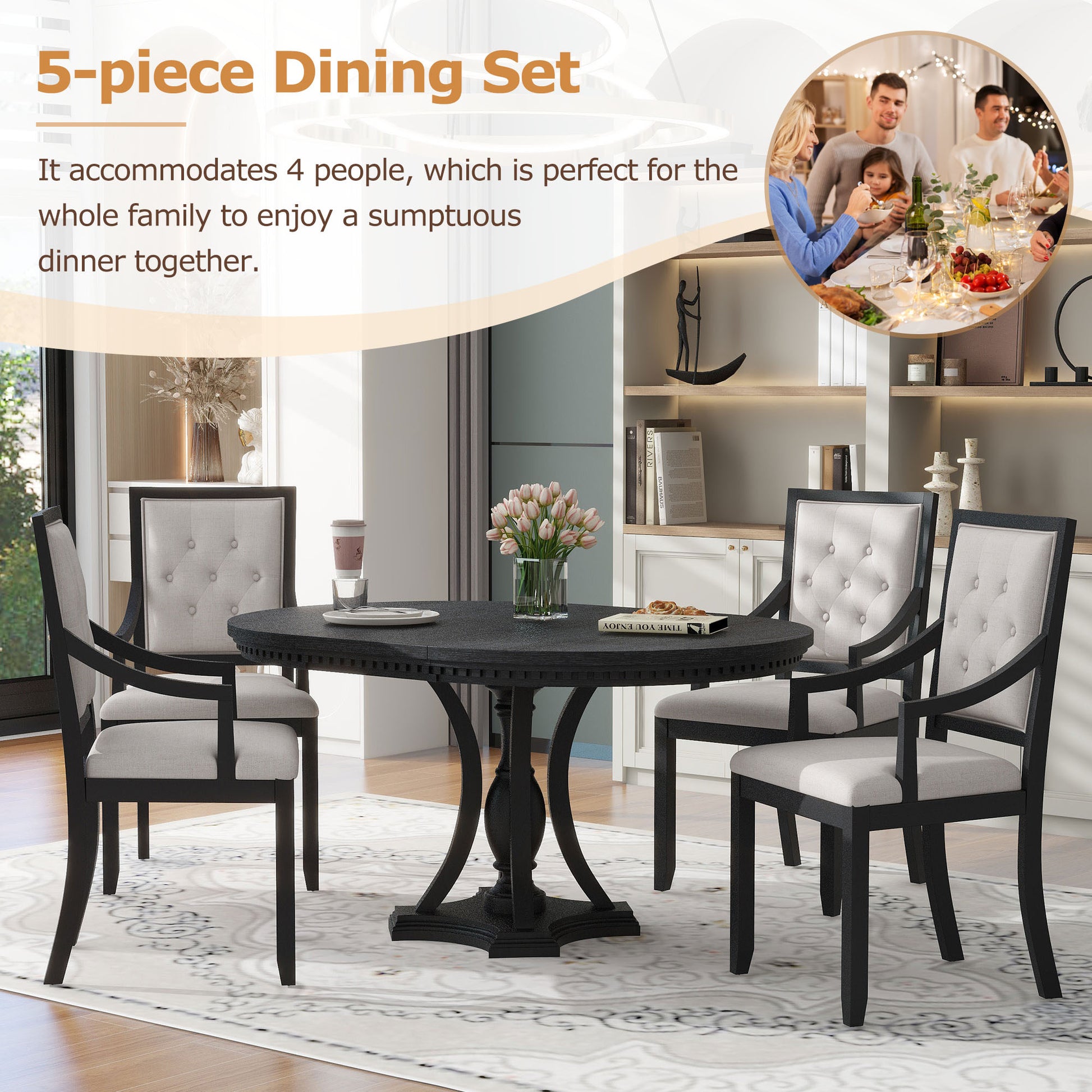Retro 5 Piece Dining Set Extendable Round Table And 4 Chairs For Kitchen Dining Room Black Oak Black Mdf
