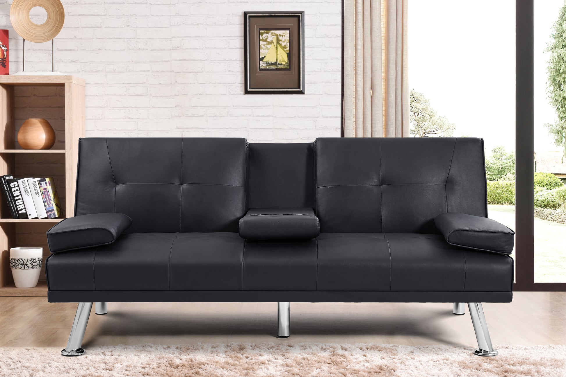 Black Foldable Sofa Bed With Cup Holder Black Faux Leather Wood Primary Living Space Medium Firm Heavy Duty Foam Faux Leather 3 Seat