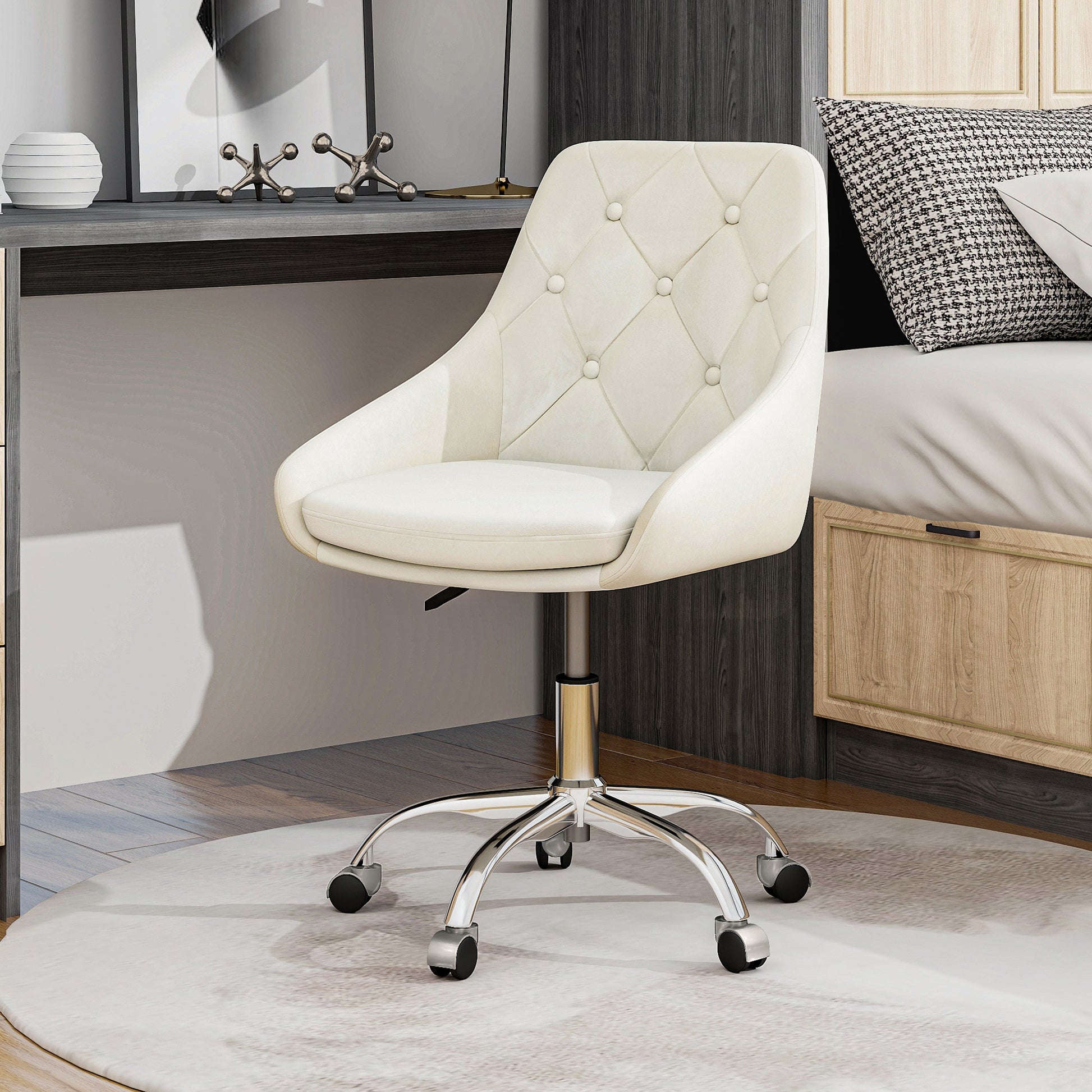 Modern Velvet Fabric With Chrome Legs Living Room Furniture Dining Chair, Soft And Comfortable, Lift Adjustment, Free Movement Convenient, Space Saving. Set Of 1 Beige Foam Metal