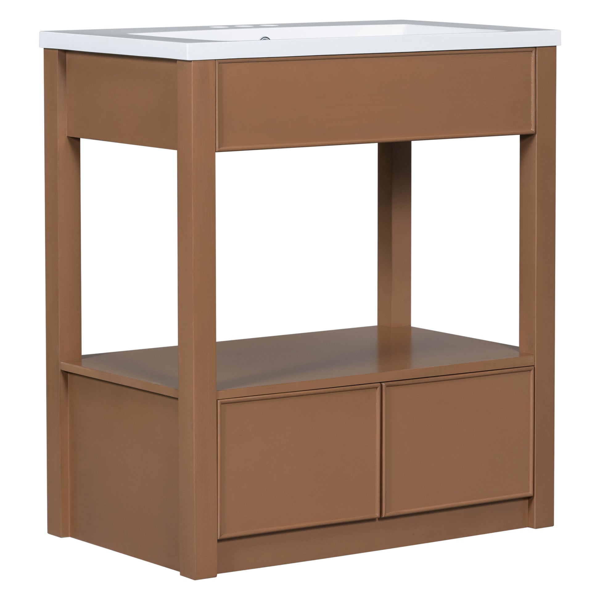 30" Bathroom Vanity With Sink Top, Bathroom Cabinet With Open Storage Shelf And Two Drawers, Brown Brown Solid Wood Mdf