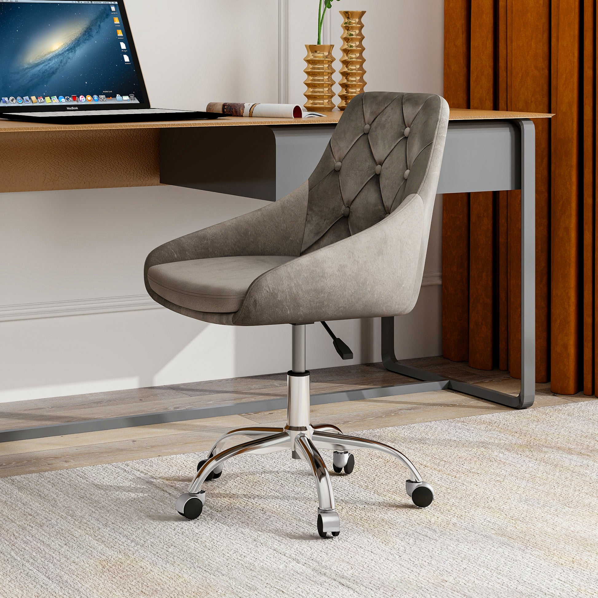 Modern Velvet Fabric With Chrome Legs Living Room Furniture Dining Chair, Soft And Comfortable, Lift Adjustment, Free Movement Convenient, Space Saving. Set Of 1 Grey Foam Metal