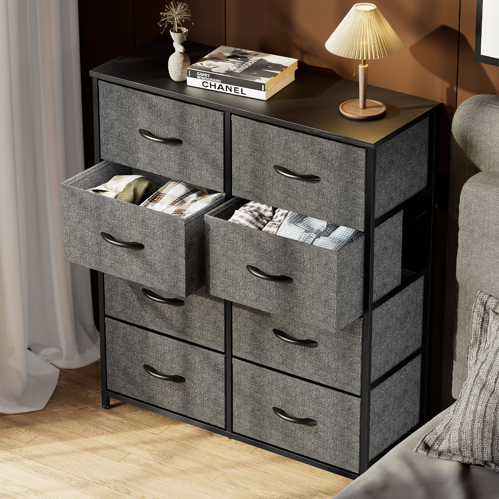 Sweetcrispy Dresser For Bedroom With 8 Drawers Tall Dresser & Chest Of Drawers Fabric Dresser With Wood Top And Sturdy Steel Frame Gray Metal