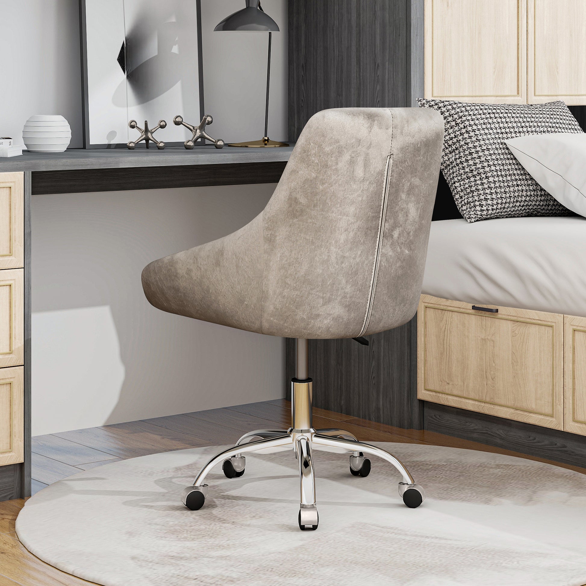 Modern Velvet Fabric With Chrome Legs Living Room Furniture Dining Chair, Soft And Comfortable, Lift Adjustment, Free Movement Convenient, Space Saving. Set Of 1 Grey Foam Metal