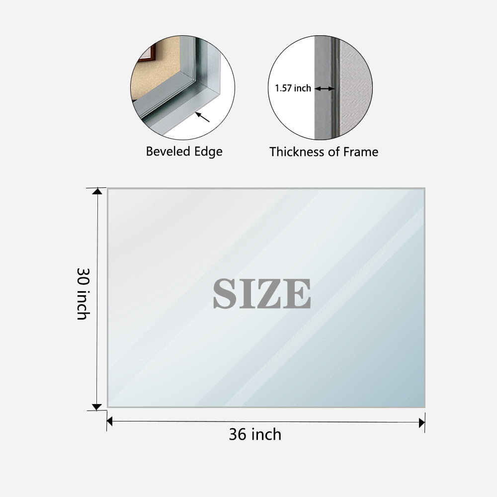 36X30Inch Glossy Brushed Silver Framed Mirror For Bathroom Rectangular Wall Bathroom Mirror Metal Frame Farmhouse Mirror Large Decorative Square Corner Rectangle Mirror Horizontal & Vertical Silver Classic,Modern Glass Aluminium Alloy