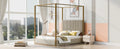 Queen Size Upholstery Canopy Platform Bed With Headboard And Metal Frame, Beige Box Spring Not Required Queen Beige Wood Linen Upholstered