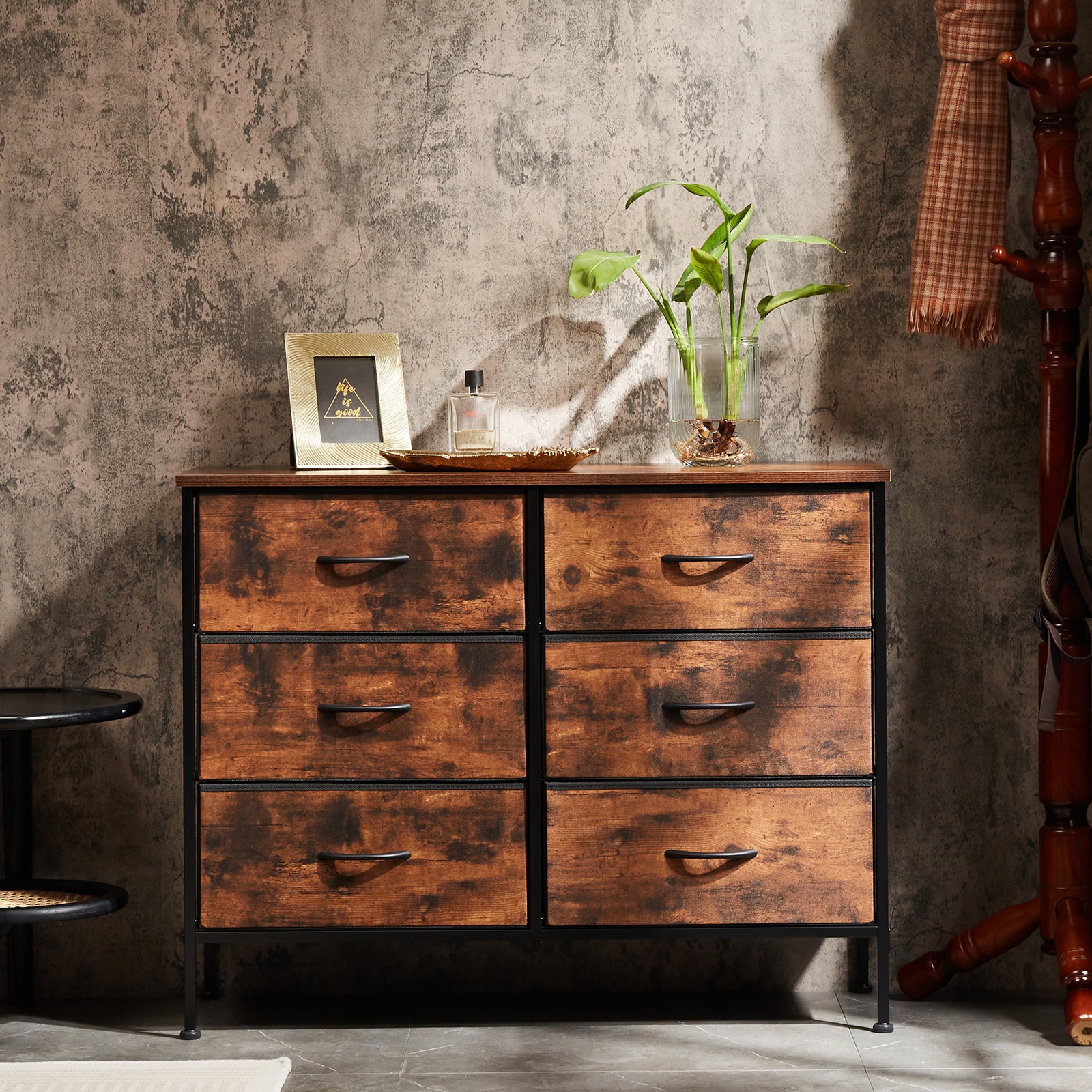 Sweetcrispy Dresser For Bedroom 6 Drawers Wide Fabric Storage Units Chest Of Drawers For Bedroom With Metal Frame And Wooden Top For Tv,Brown Rustic Brown Metal