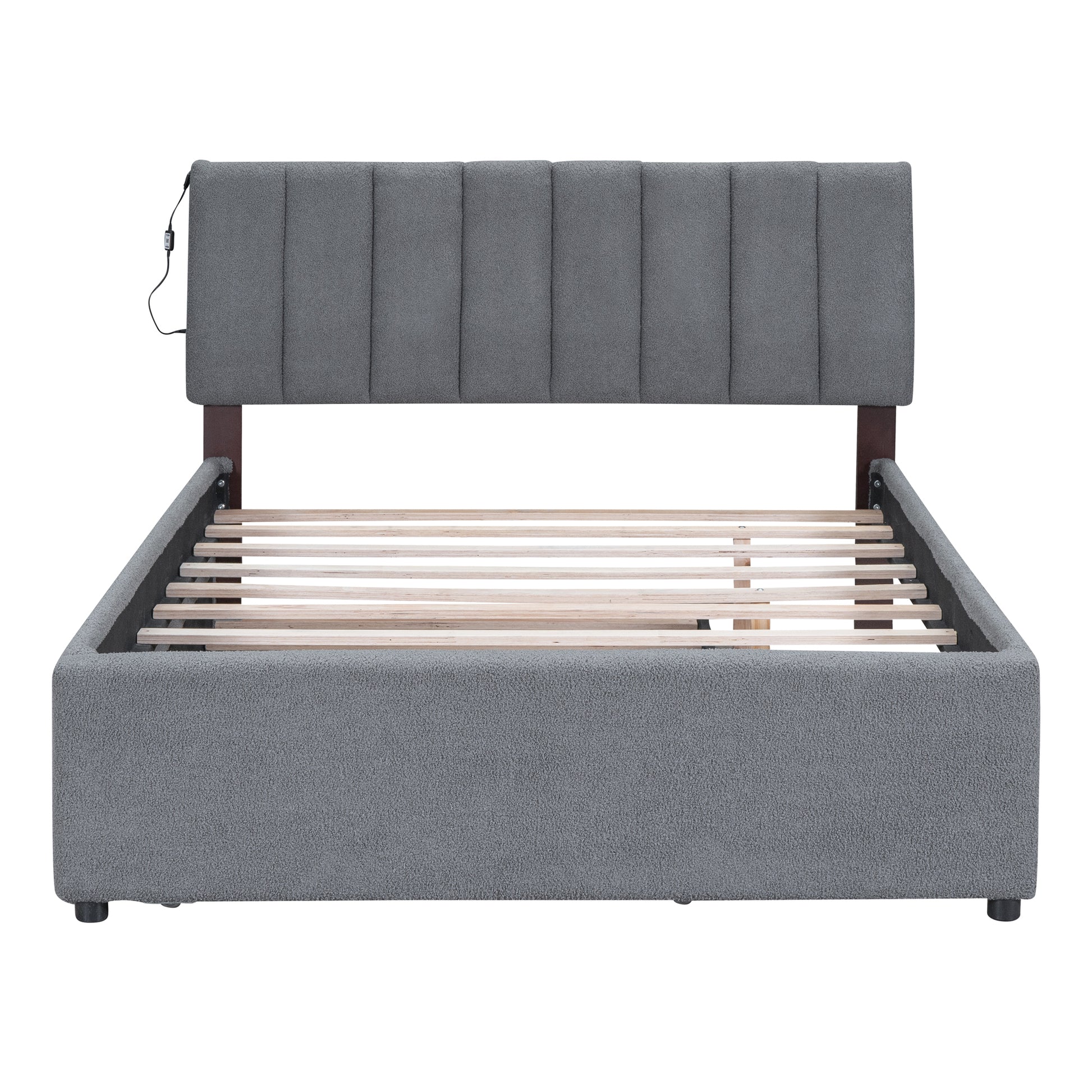 Teddy Fleece Full Size Upholstered Platform Bed With Trundle, Gray Gray Fleece