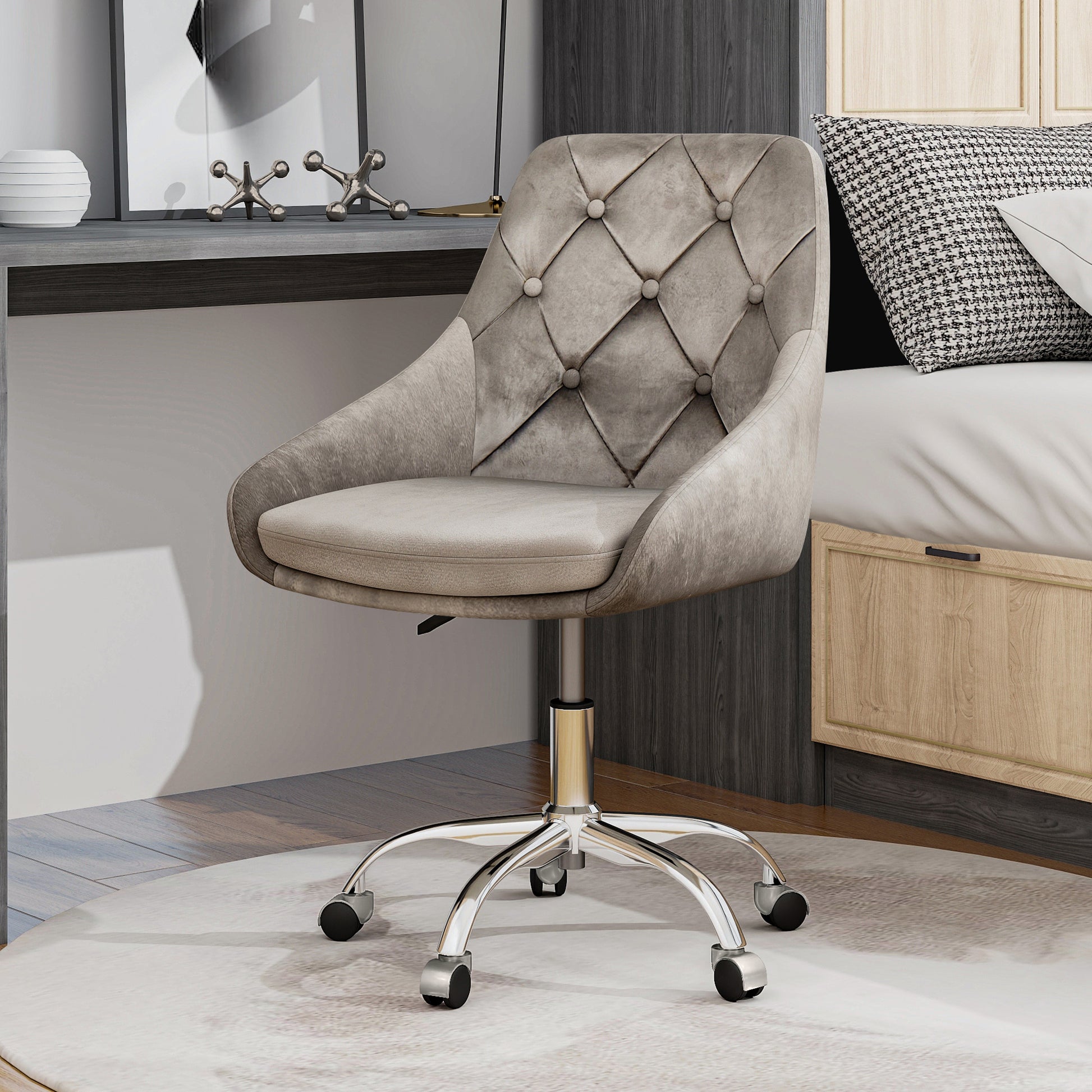 Modern Velvet Fabric With Chrome Legs Living Room Furniture Dining Chair, Soft And Comfortable, Lift Adjustment, Free Movement Convenient, Space Saving. Set Of 1 Grey Foam Metal