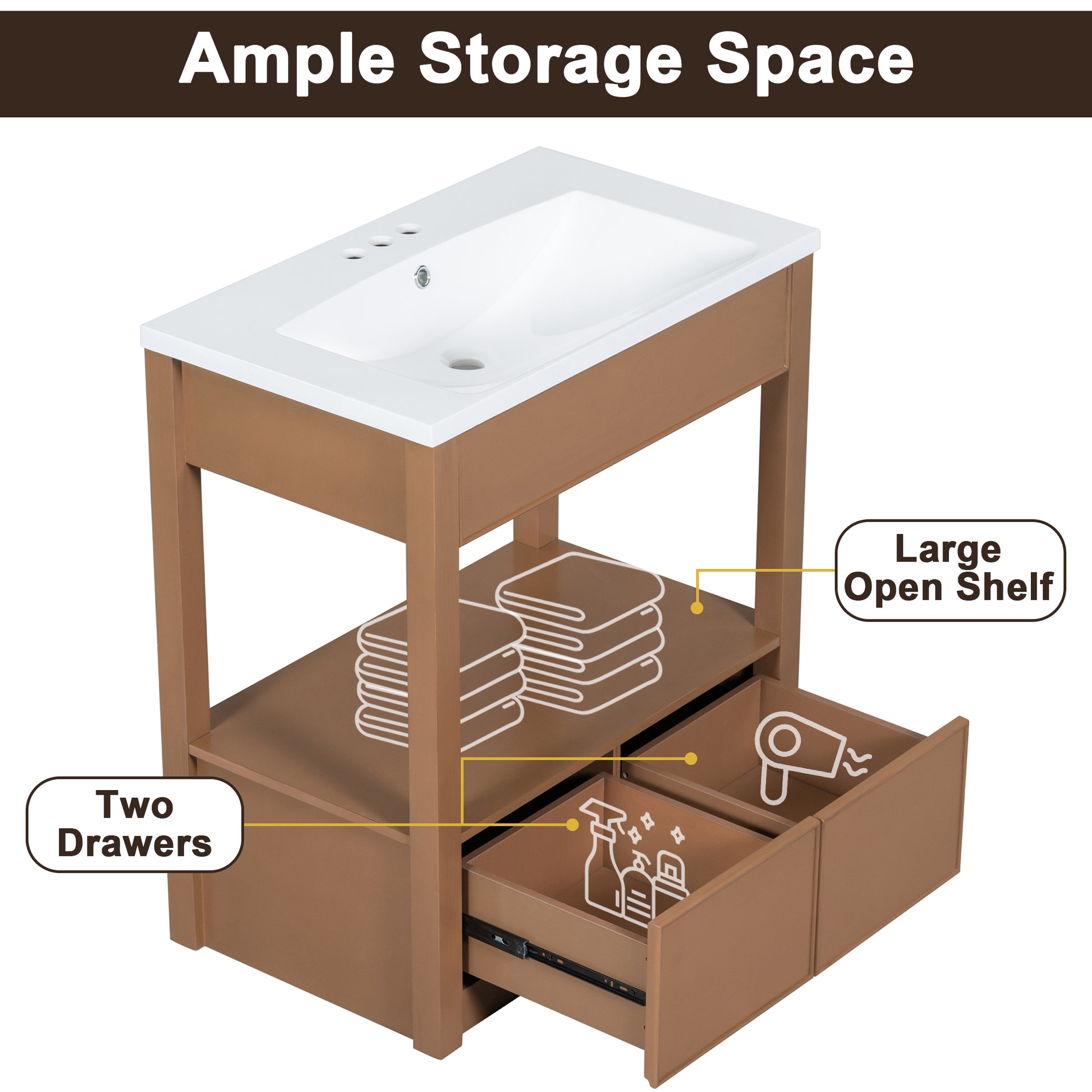 30" Bathroom Vanity With Sink Top, Bathroom Cabinet With Open Storage Shelf And Two Drawers, Brown Brown Solid Wood Mdf