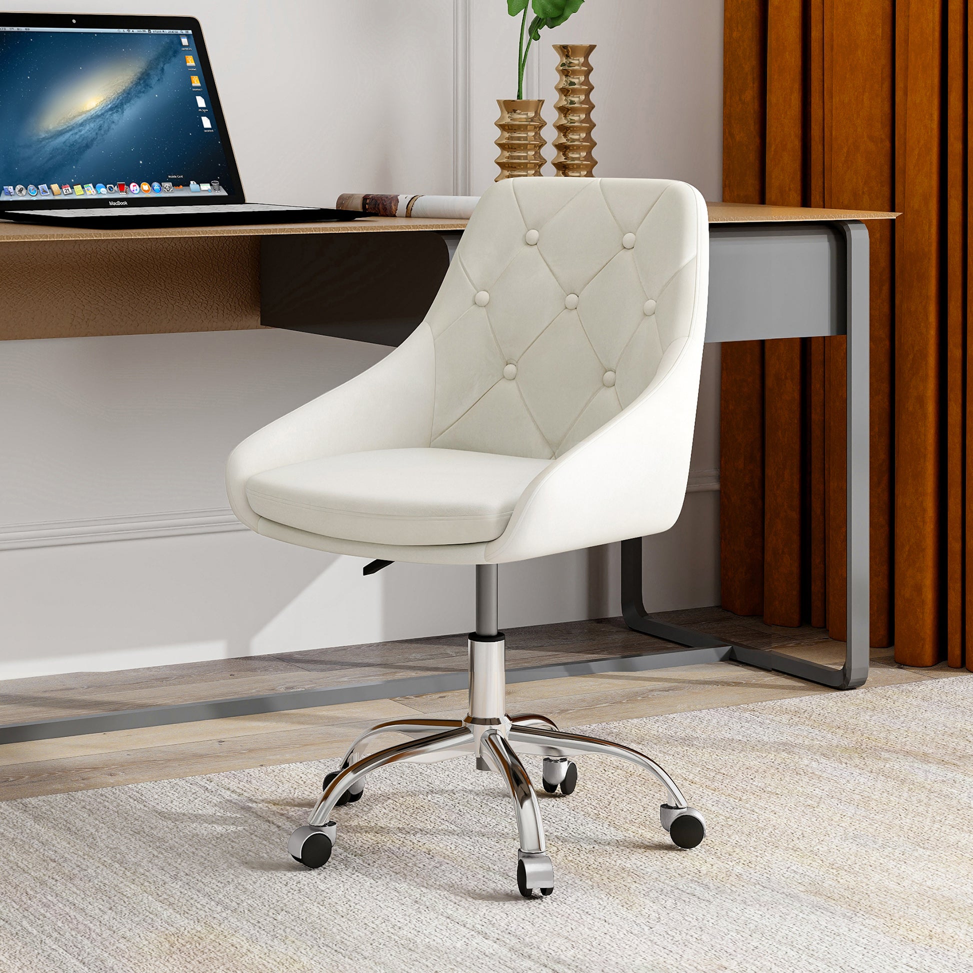 Modern Velvet Fabric With Chrome Legs Living Room Furniture Dining Chair, Soft And Comfortable, Lift Adjustment, Free Movement Convenient, Space Saving. Set Of 1 Beige Foam Metal