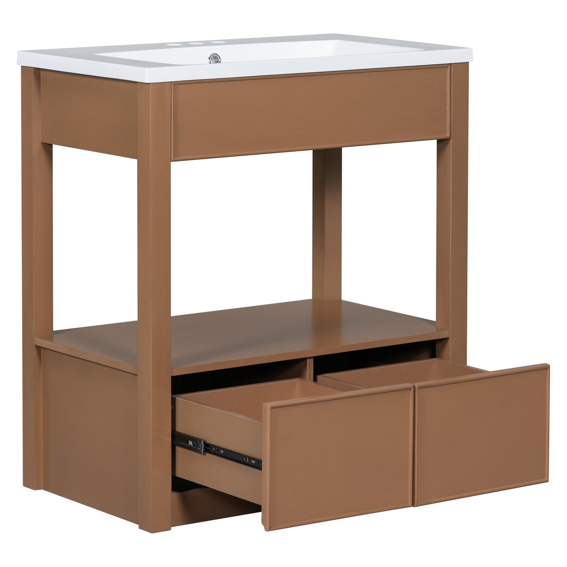 30" Bathroom Vanity With Sink Top, Bathroom Cabinet With Open Storage Shelf And Two Drawers, Brown Brown Solid Wood Mdf