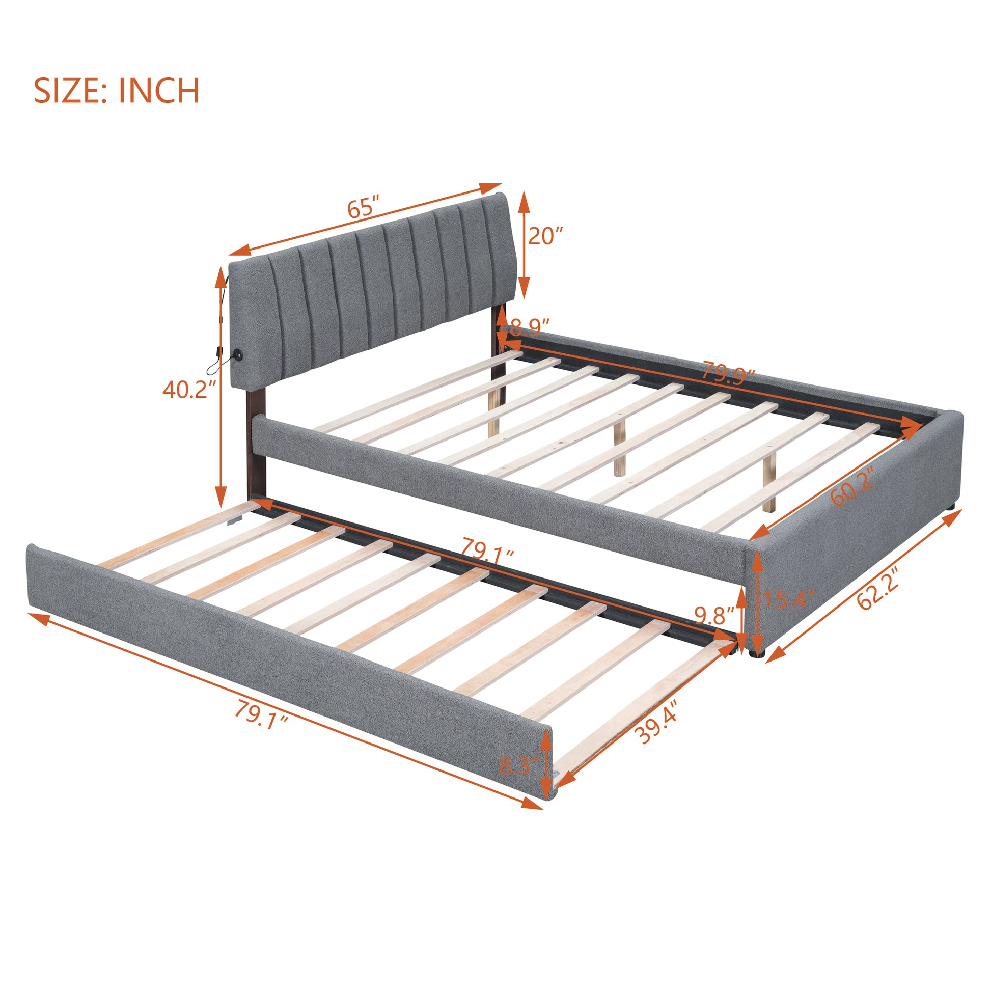 Teddy Fleece Queen Size Upholstered Platform Bed With Trundle, Gray Gray Fleece