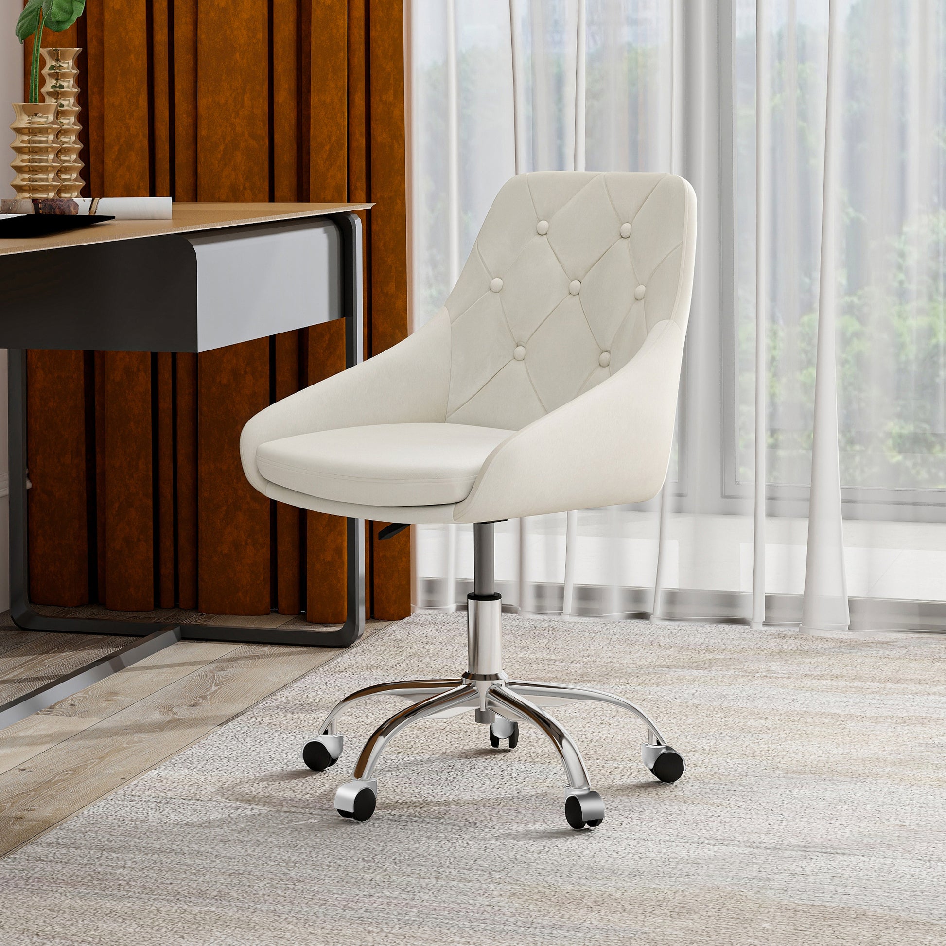 Modern Velvet Fabric With Chrome Legs Living Room Furniture Dining Chair, Soft And Comfortable, Lift Adjustment, Free Movement Convenient, Space Saving. Set Of 1 Beige Foam Metal
