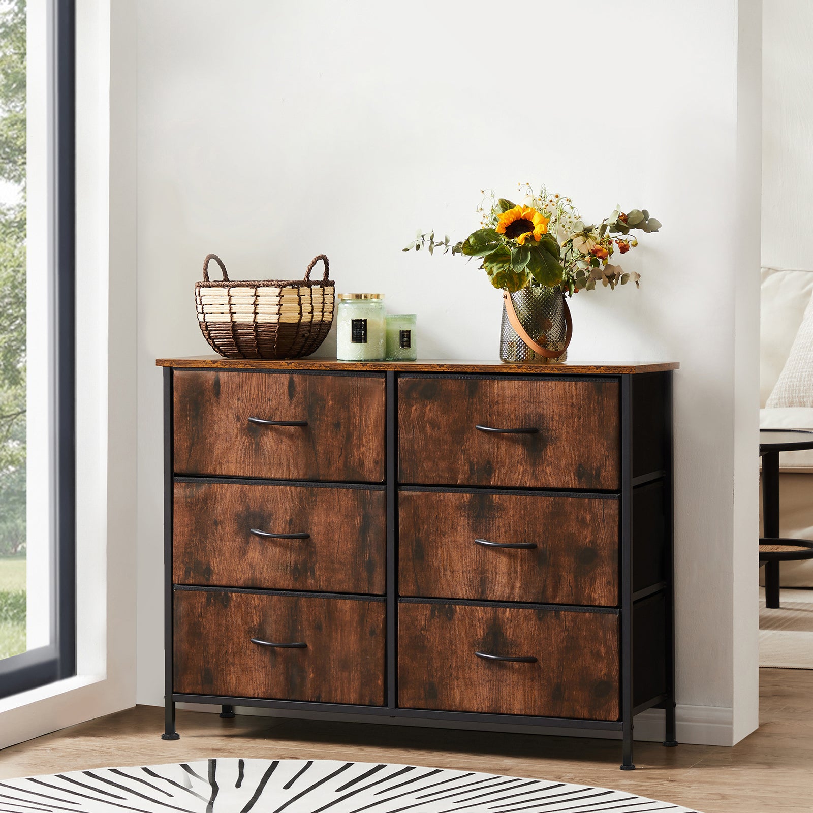 Sweetcrispy Dresser For Bedroom 6 Drawers Wide Fabric Storage Units Chest Of Drawers For Bedroom With Metal Frame And Wooden Top For Tv,Brown Rustic Brown Metal