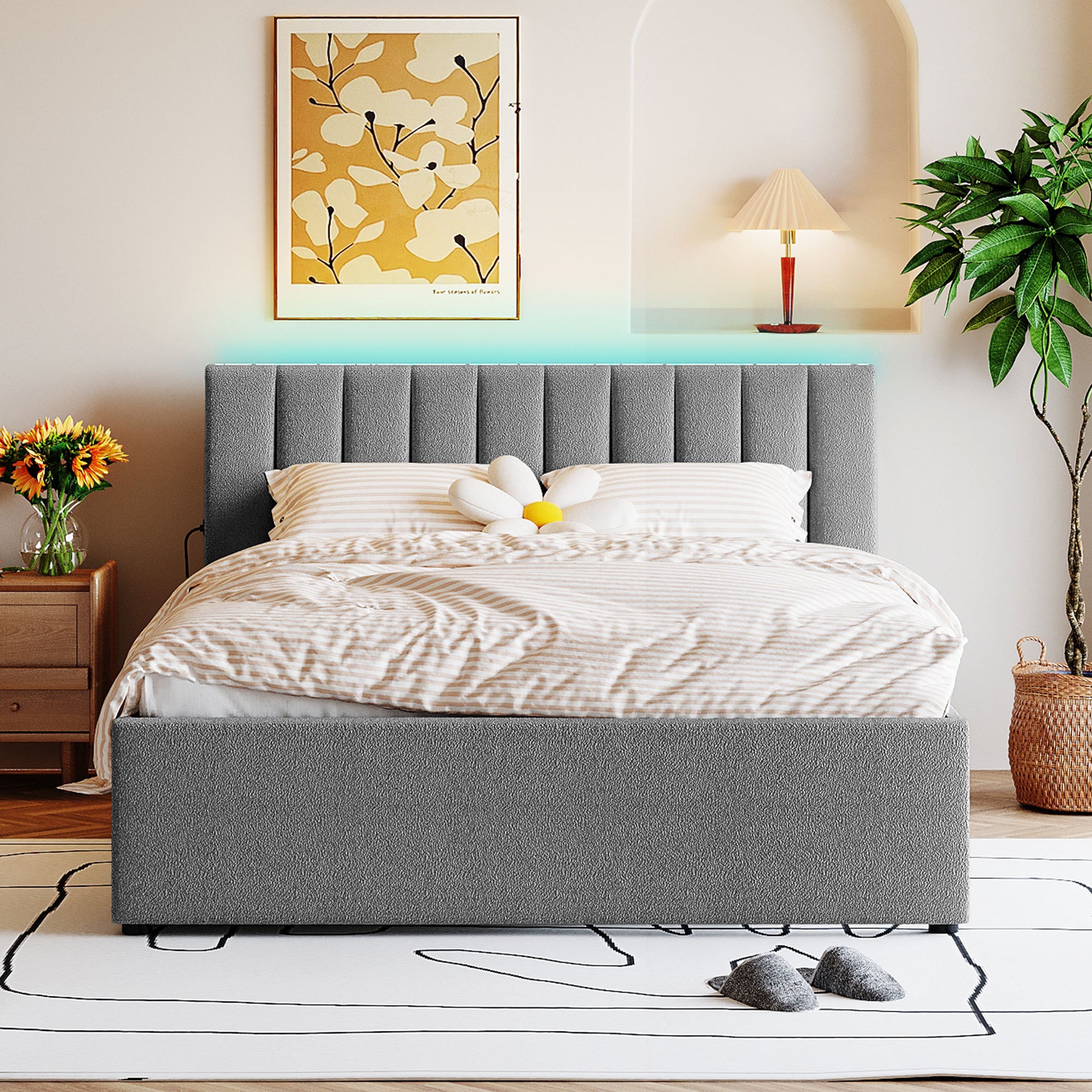 Teddy Fleece Queen Size Upholstered Platform Bed With Trundle, Gray Gray Fleece