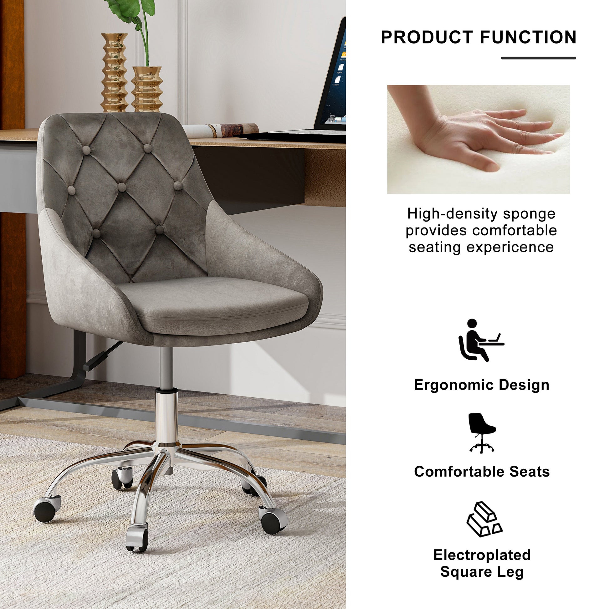 Modern Velvet Fabric With Chrome Legs Living Room Furniture Dining Chair, Soft And Comfortable, Lift Adjustment, Free Movement Convenient, Space Saving. Set Of 1 Grey Foam Metal