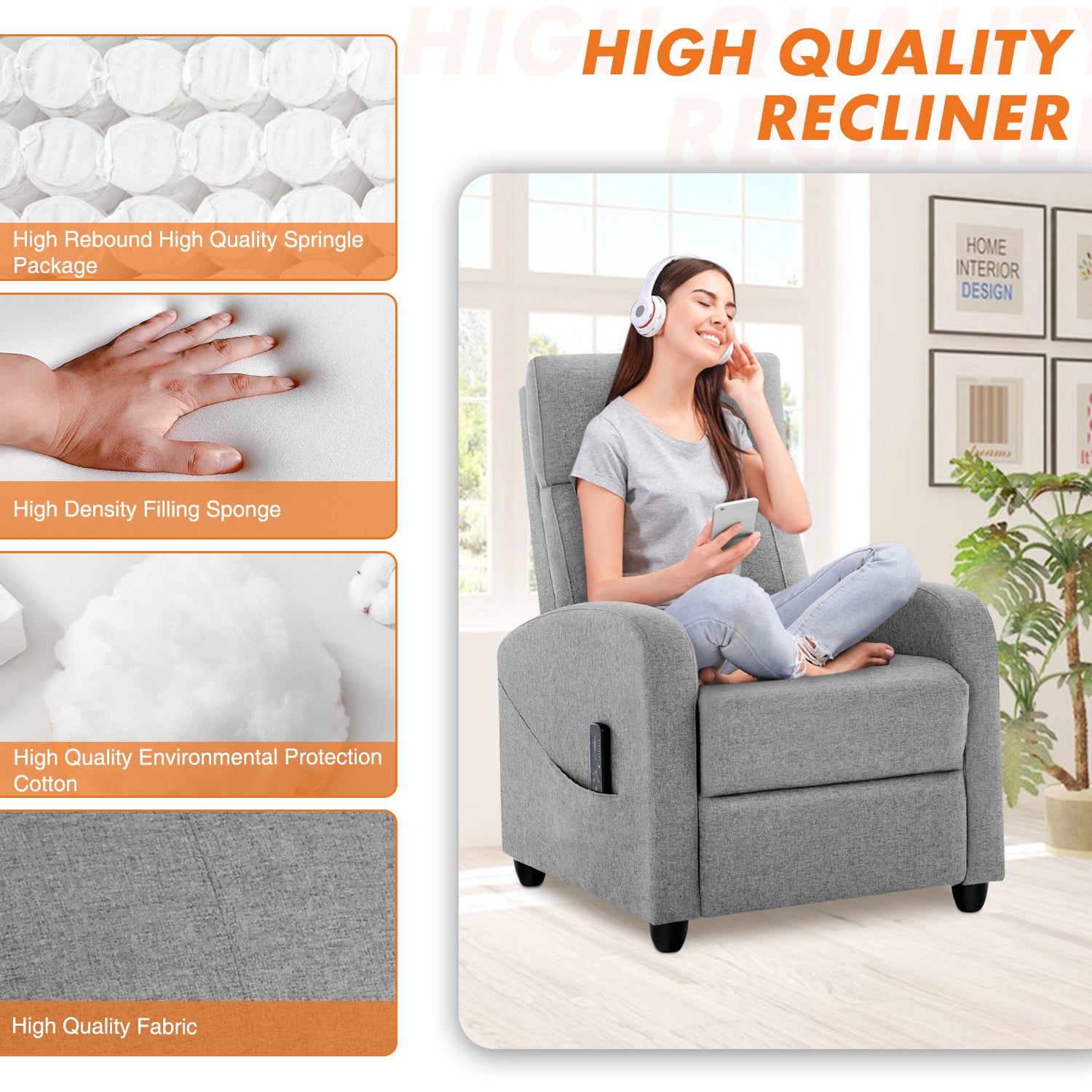 Sweetcrispy Recliner Chair For Living Room Massage Pu Leather Recliner Sofa Home Theater Seating With Lumbar Support Gray Fabric 1 Seat