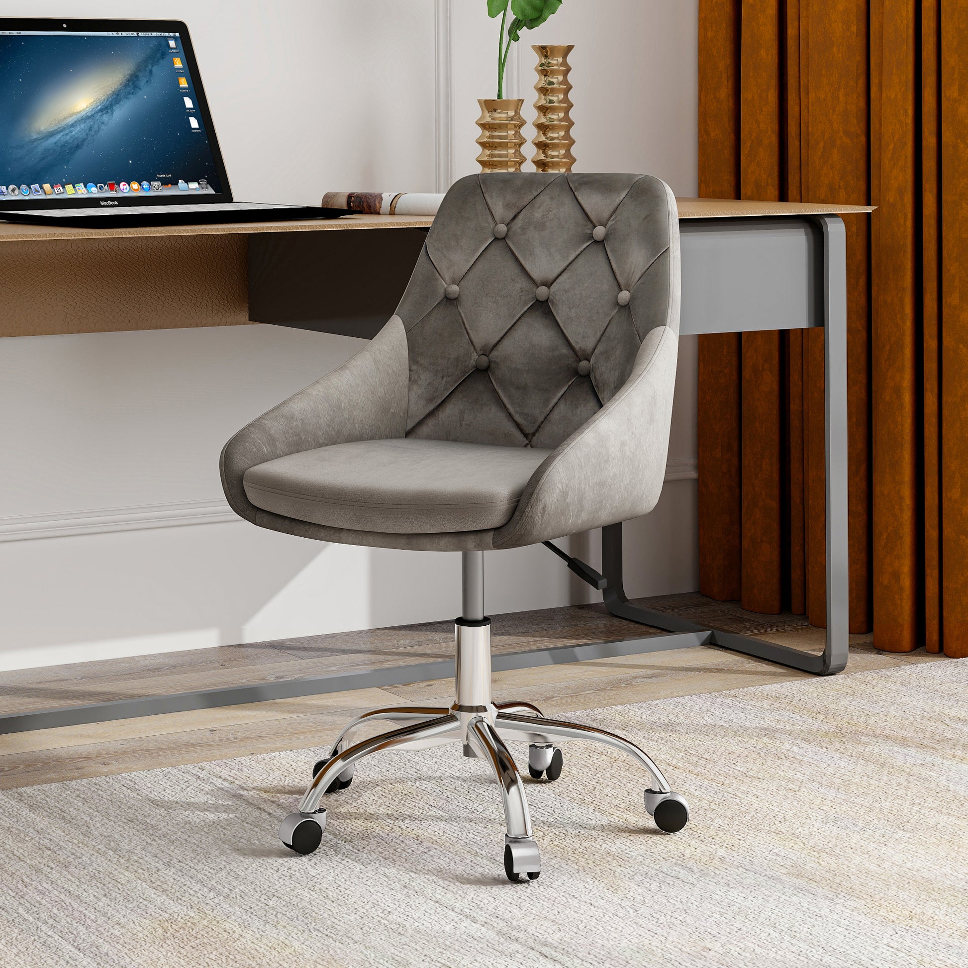 Modern Velvet Fabric With Chrome Legs Living Room Furniture Dining Chair, Soft And Comfortable, Lift Adjustment, Free Movement Convenient, Space Saving. Set Of 1 Grey Foam Metal