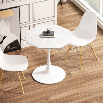 31.50"Modern Octagonal Coffee Table With Printed White Marble Table Top,Metal Base, For Dining Room, Kitchen, Living Room White Marble Mdf