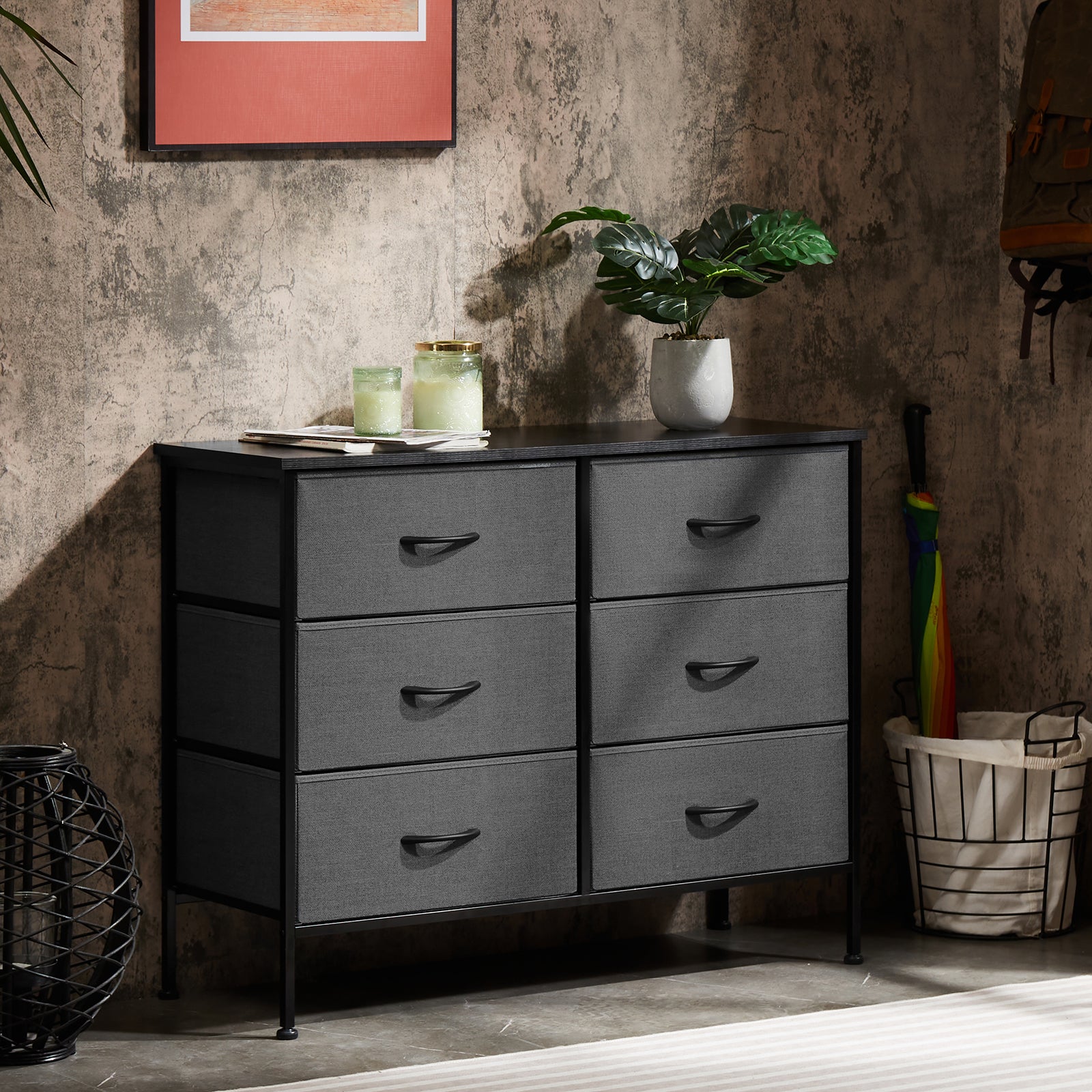 Sweetcrispy Dresser For Bedroom 6 Drawers Wide Fabric Storage Units Chest Of Drawers For Bedroom With Metal Frame And Wooden Top For Tv Gray Metal