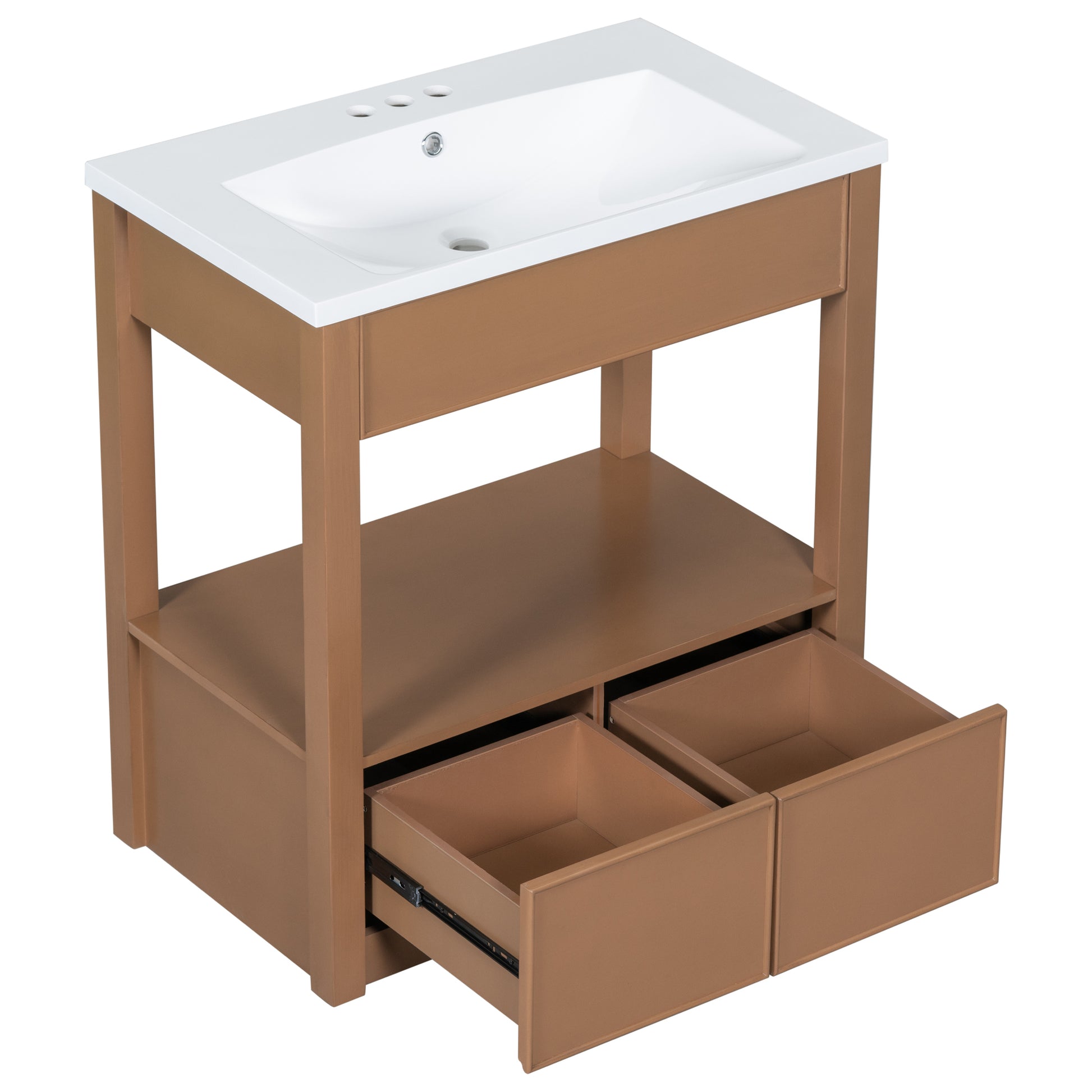 30" Bathroom Vanity With Sink Top, Bathroom Cabinet With Open Storage Shelf And Two Drawers, Brown Brown Solid Wood Mdf